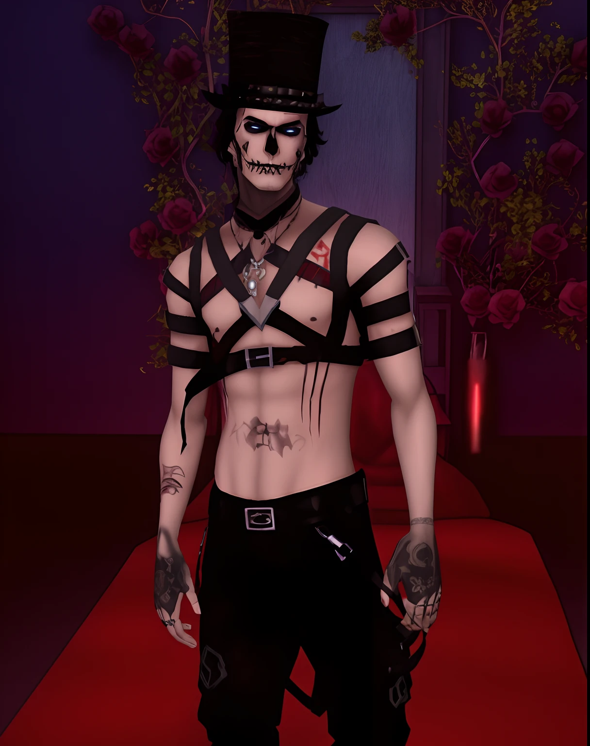 arafed man with a top hat and a knife and a knife in his hand, evil devious male, dressed in crustpunk clothing, mall goth, inspired by James Bolivar Manson, imvu, male vampire of clan banu haqim, second life avatar, vampire of clan lasombra, gapmoe yandere grimdark, wearing gothic accessories