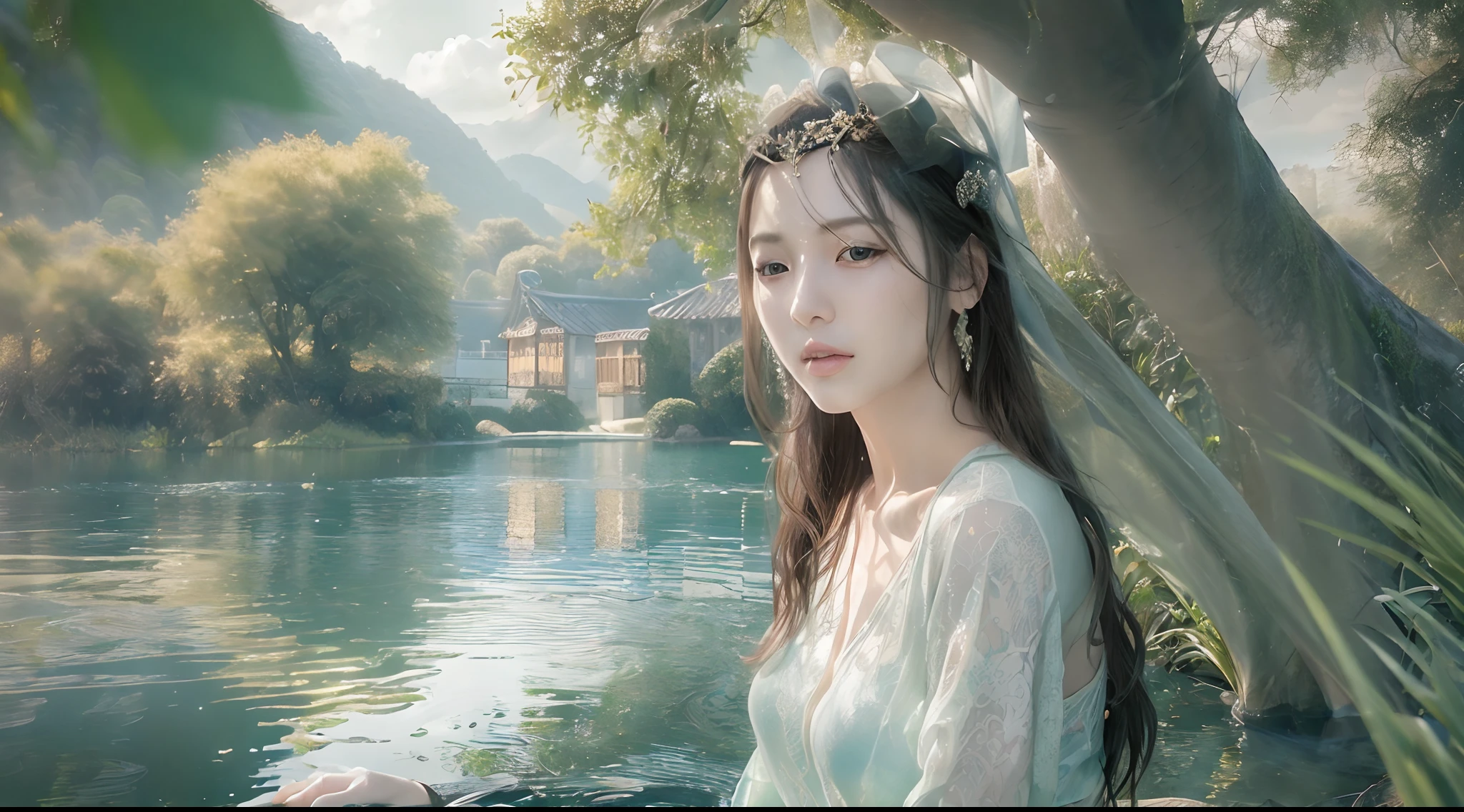 (Best quality,high resolution,photo-realistic:1.37), Vibrant atmosphere, Woman by the lake, exquisite face, Detailed eyes, Lush greenery, Soft sunlight, Calm water, relaxing mood, serene environment, peacful, comfortable seating, Gentle breeze, Joyful scenes, Harmonious colors, Tranquility, Dragon-shaped smoke, Zhao Fu
