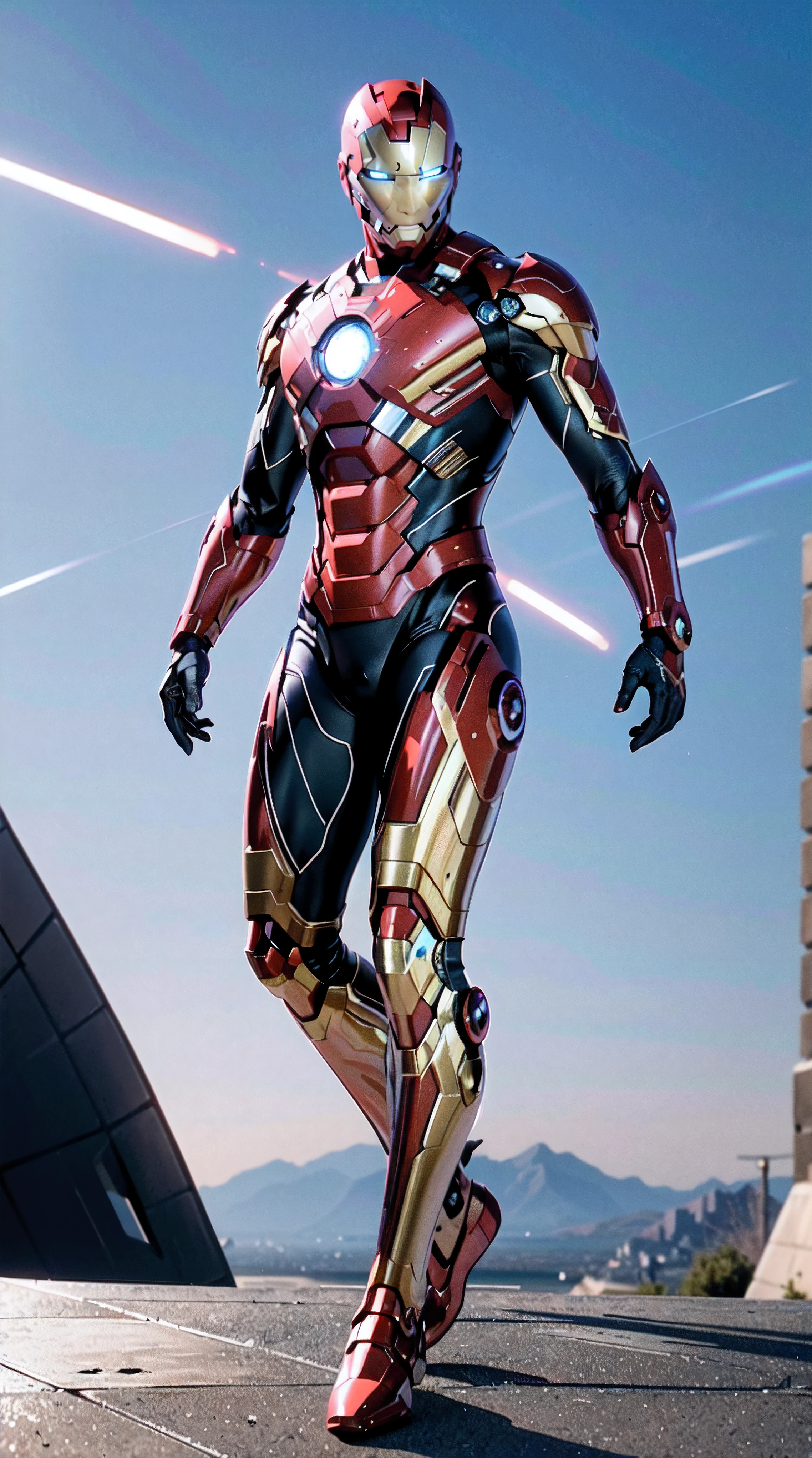 (best quality,4k,8k,highres,masterpiece:1.2),ultra-detailed,photorealistic:1.37,ironman,advanced technology,superhero suit,red and gold color scheme,holographic heads-up display,repulsor rays,mechanical exoskeleton,arc reactor,high-tech gadgets,flight capabilities,futuristic cityscape as background,glowing blue eyes,heroic pose,action-packed,dynamic composition,metallic surfaces,sharp edges,industrial feel,special effects,energetic,explosive,Marvel comics style,sci-fi,CGI enhancement,studio lighting,deluxe edition,vivid colors,high-definition,fast-paced,rocky terrain,military-grade weaponry,full-body armor