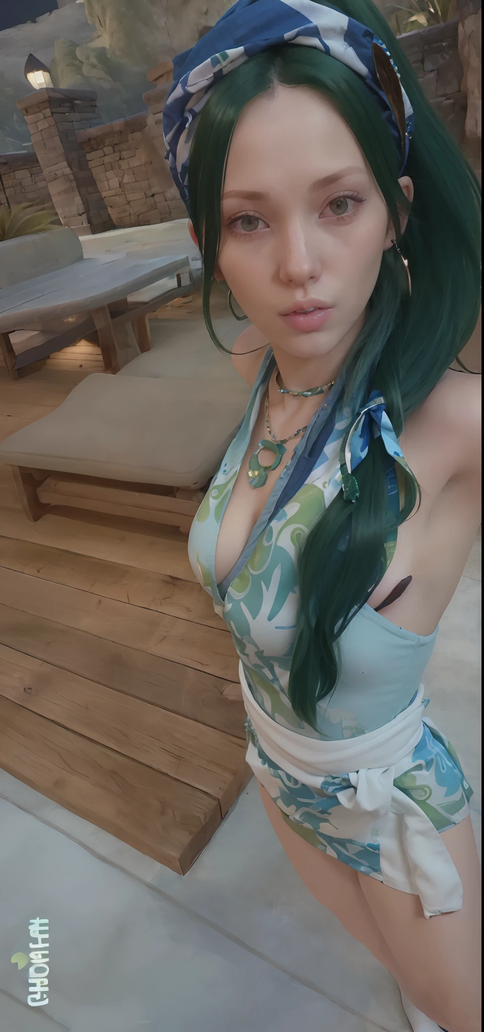 there is a woman with green hair and a blue headband, second life avatar, close up half body shot, upper body close up, close up bust shot, big boobs, green flowing hair, neck zoomed in from lips down, secondlife, upper body avatar, detailed unblurred face, [ 4 k photorealism ]!!, full body close-up shot, teal skin