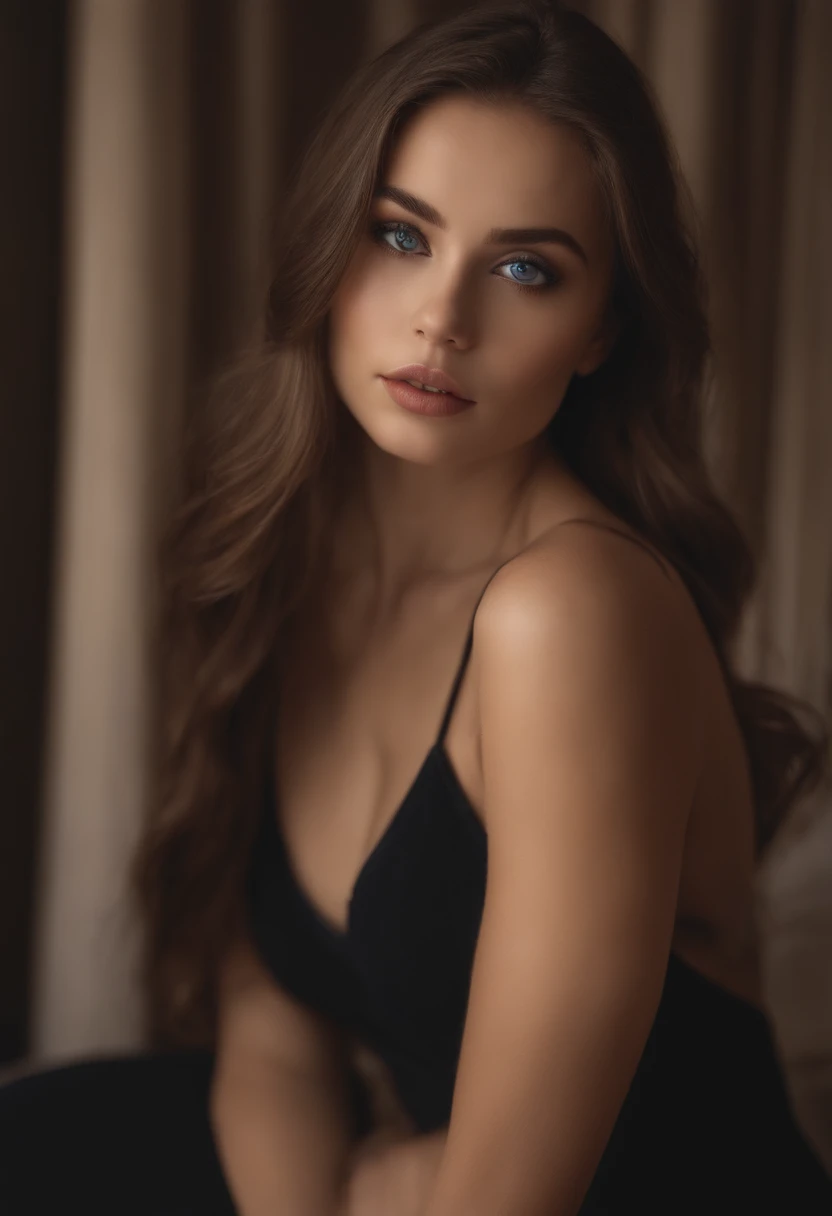 Arafed woman completely , fille sexy aux yeux bleus, ultra realist, Meticulously detailed, Portrait Sophie Mudd, cheveux blonds et grands yeux, selfie of a young woman, Yeux de chambre, Violet Myers, sans maquillage, maquillage naturel, looking straight at camera, Visage avec Artgram, Maquillage subtil, Great photo of the whole body kneeling on the bed, dans la chambre, Buste de grande taille