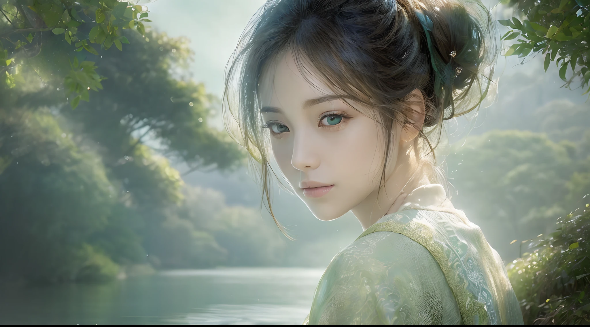 (Best quality,high resolution,photo-realistic:1.37), Vibrant atmosphere, Woman by the lake, exquisite face, Detailed eyes, Lush greenery, Soft sunlight, Calm water, relaxing mood, serene environment, peacful, comfortable seating, Gentle breeze, Joyful scene, Harmonious colors, Tranquility, Dragon-shaped smoke, Zhao Fu
