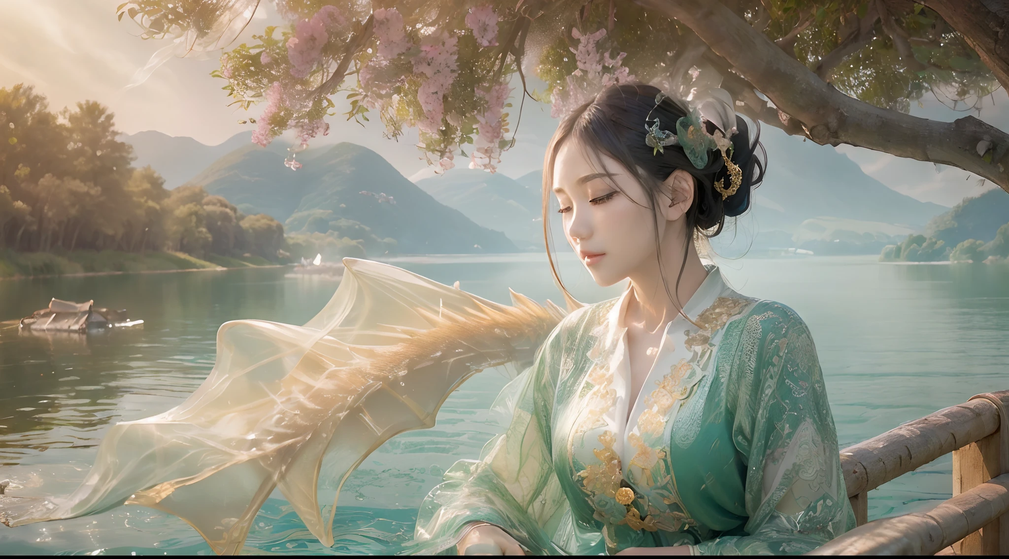 (Best quality,high resolution,photo-realistic:1.37), Vibrant atmosphere, Woman by the lake, exquisite face, Detailed eyes, Lush greenery, Soft sunlight, Calm water, relaxing mood, serene environment, peacful, comfortable seating, Gentle breeze, Joyful scene, Harmonious colors, Tranquility, Dragon-shaped smoke, Zhao Fu