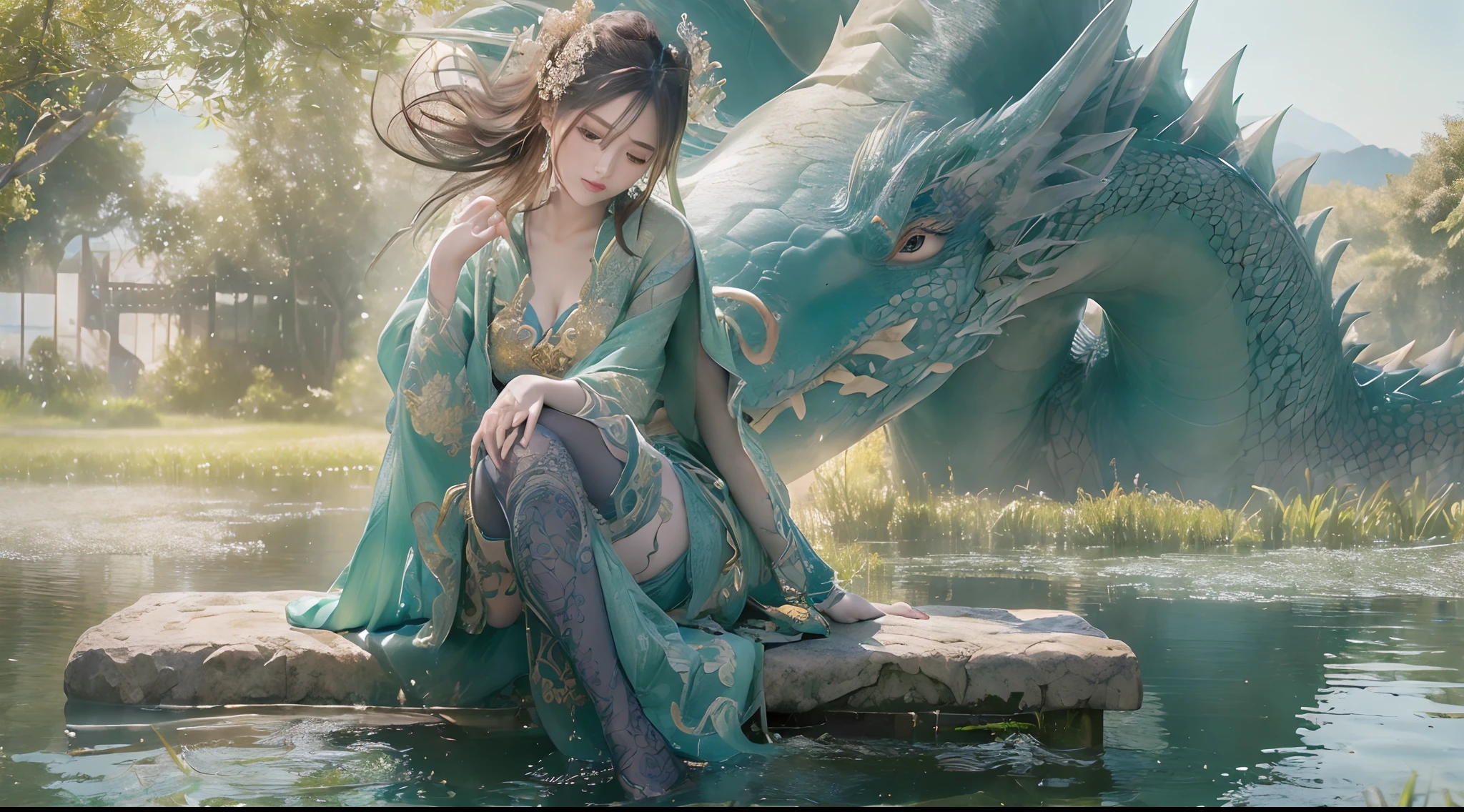 (Best quality,high resolution,photo-realistic:1.37), Vibrant atmosphere, Woman by the lake, exquisite face, Detailed eyes, Lush greenery, Soft sunlight, Calm water, relaxing mood, serene environment, peacful, comfortable seating, Gentle breeze, Joyful scene, Harmonious colors, Tranquility, Dragon-shaped smoke, Zhao Fu