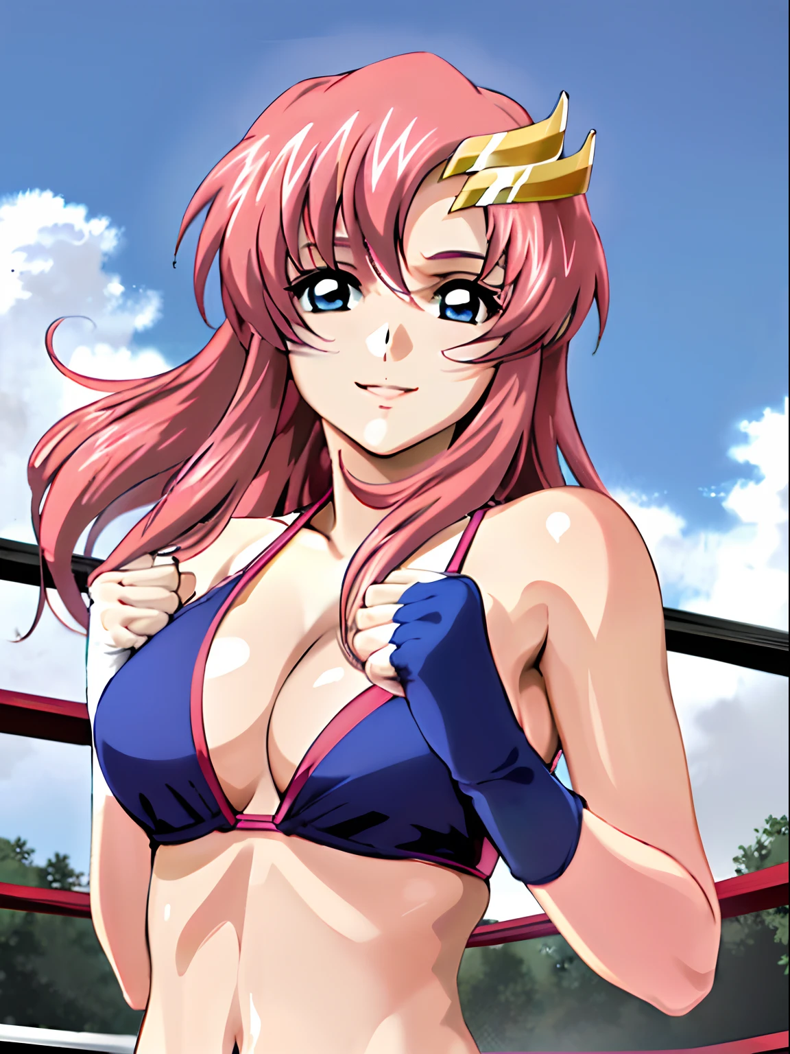 (masterpiece, upper body view, 4K, Best Quality, Anime style: 1.9, , tall, Adult Woman, ultra detailed face, (cloud background), Drawing lines, high resolution, Anime, lacus4), 1girl in, Solo, curvy figure, Long hair, 鎖骨, scapular, Wavy Hair, Detailed wide hair bangs, Hair Ornament, Detailed reddish-pink hair, cleavage, large hands, (female wrestler). (Big blue eyes, shiny eyes), ((closed fists)), ((medium breasts)), (((bikini, pink wrestling gear))), happy, smile