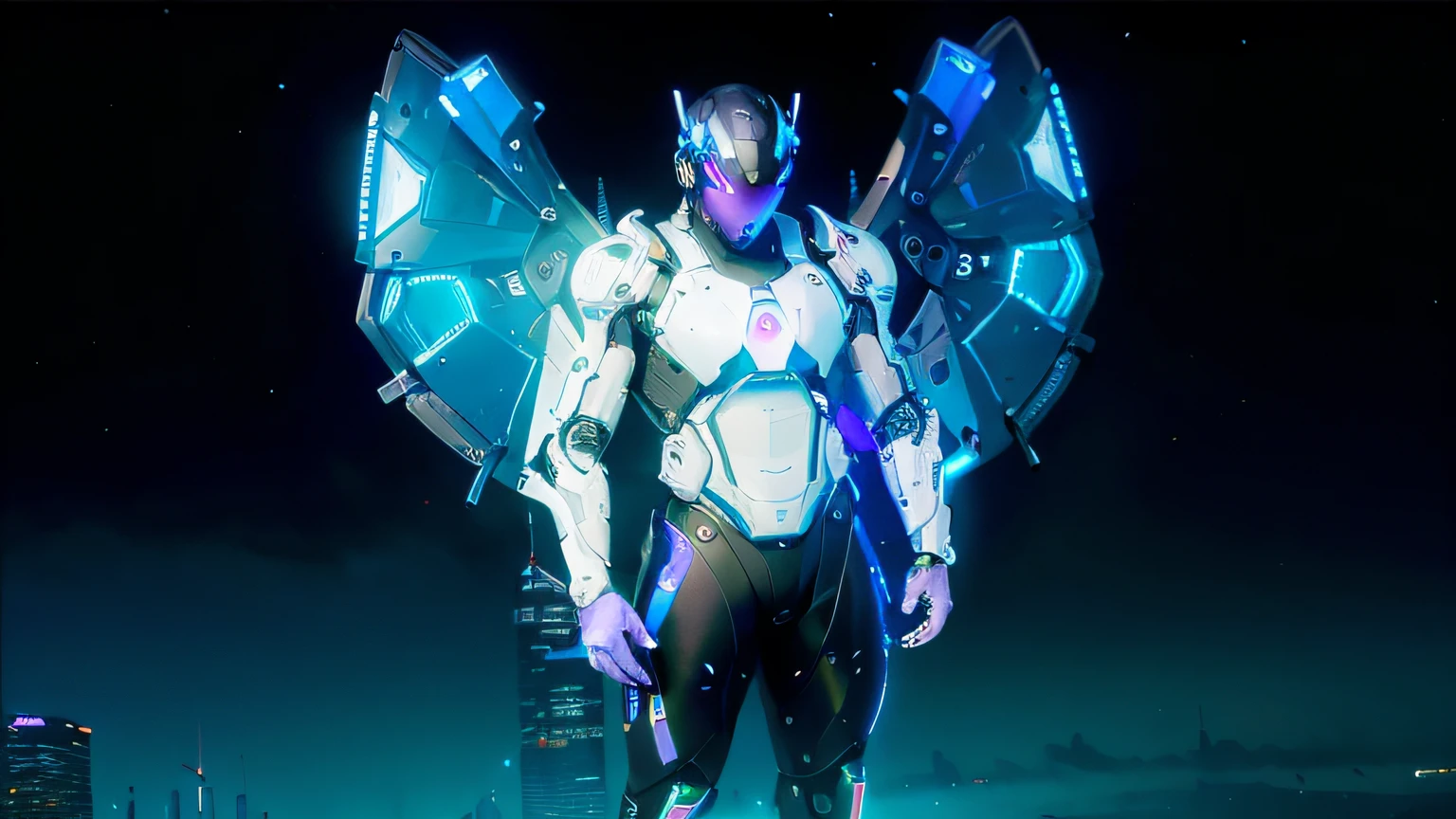 MALE. MAN. MAN. MALE..wings leds, divine paradise. neon blue and Purple butterfly wings leds. heavenly illumination. God. Holy robotic. levitating. Position of god. Deitado na cama. strong, robust and masculine body. fat arms. Position of divinity. Floating. divine statue, pedestal, holy pedestal. levitating. masterpiece, best quality, a close up of a futuristic looking cyborg man with a fantastic cyber helmet head with blue and Purple triangle led lights and a halo, full body, dancing. dance. synthwave ballad. silver pants. wearing a blue and Purple techwear jacket, white church in background. jump, full body, robotic legs. divine statue, pedestal, holy pedestal. neon blue and Purple butterfly wings leds. MASCULINE. MALE MASCULINE. Boy Muscular