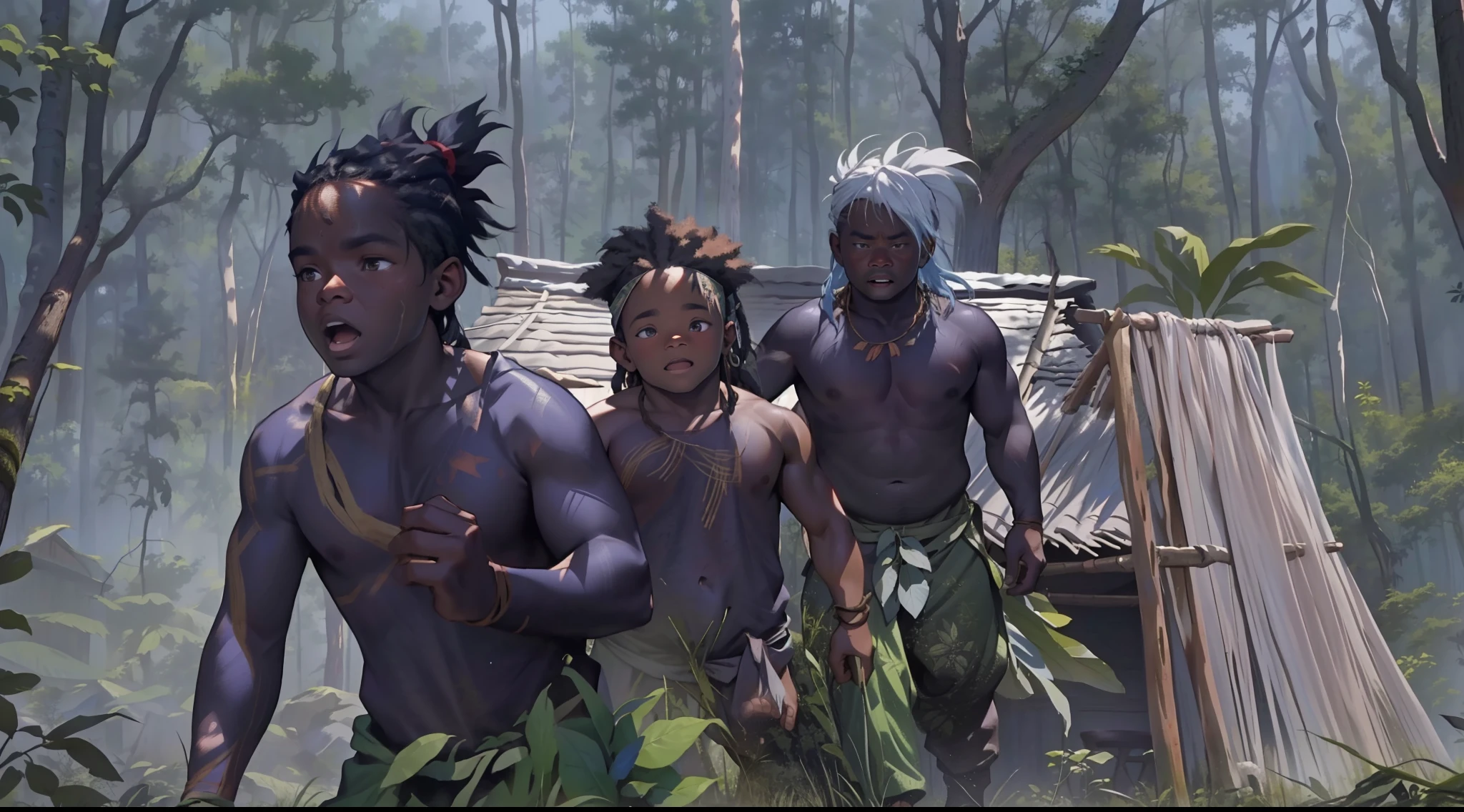 three black midgets in leaf clothing stand in a forest in front of a hut, still from the film, tribe members attacking, scene from the film, film still from the , ritual in a forest, ancient tribe, tribe members chasing, still image from the moviell from the movie, stiom film, leaf cloth, still from a live action movie, scene frve action movie, cartoon,