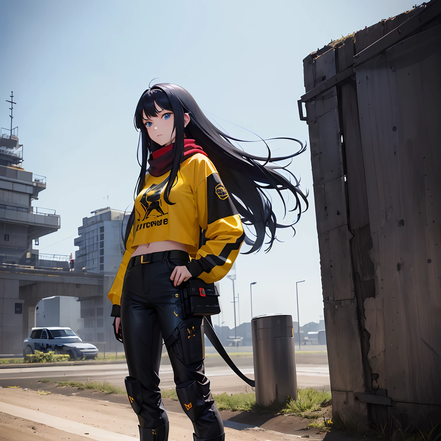 a madure 20 years old woman with a black long hair, blue eyes, futuristic cybernetics arms, yellow t-shirt, a long red scarf, long pants camo, black war boots, in a airfield, day, blue sky, on foot, looking to the camera