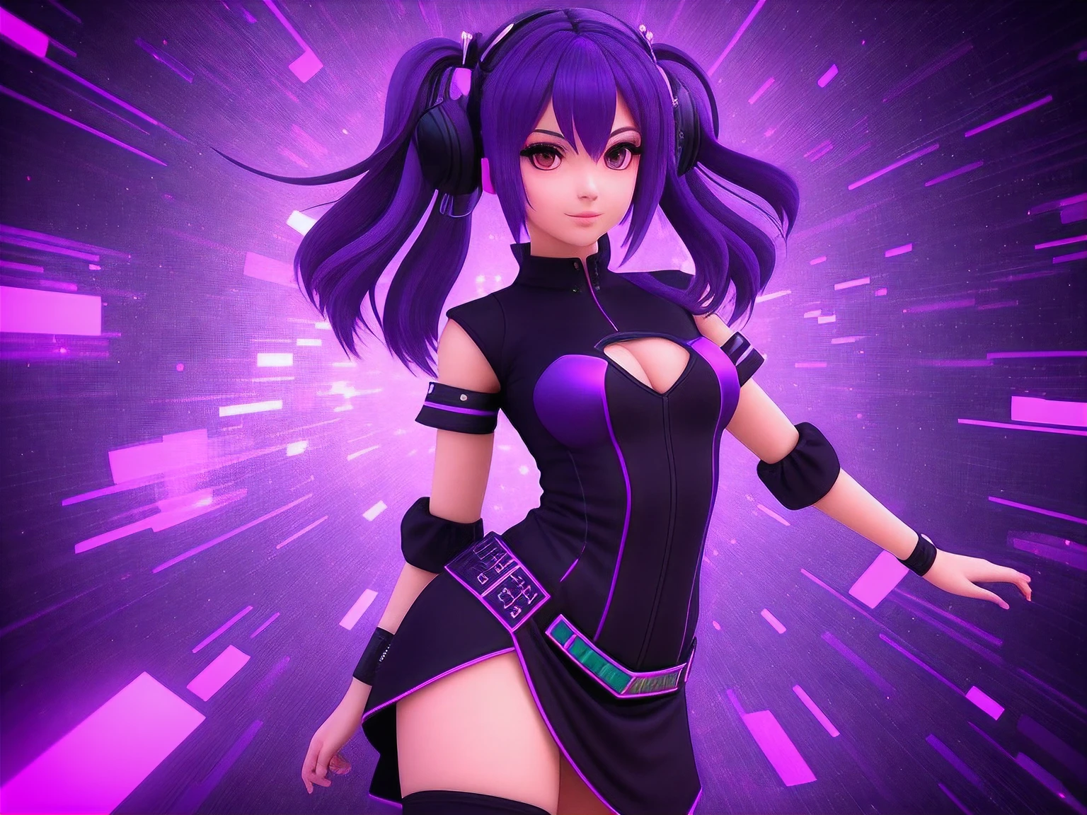 Arafed Mujer con un vestido morado con auriculares puestos, Epic 3D abstracto emo girl, Render de una linda chica de anime 3D, Anime estilo 3D, Chica raver, epic 3 d oshun, Chica anime 3D, she is dancing. realista, Chica glitchpunk, Chica rave, she is dancing, Modelado en Poser