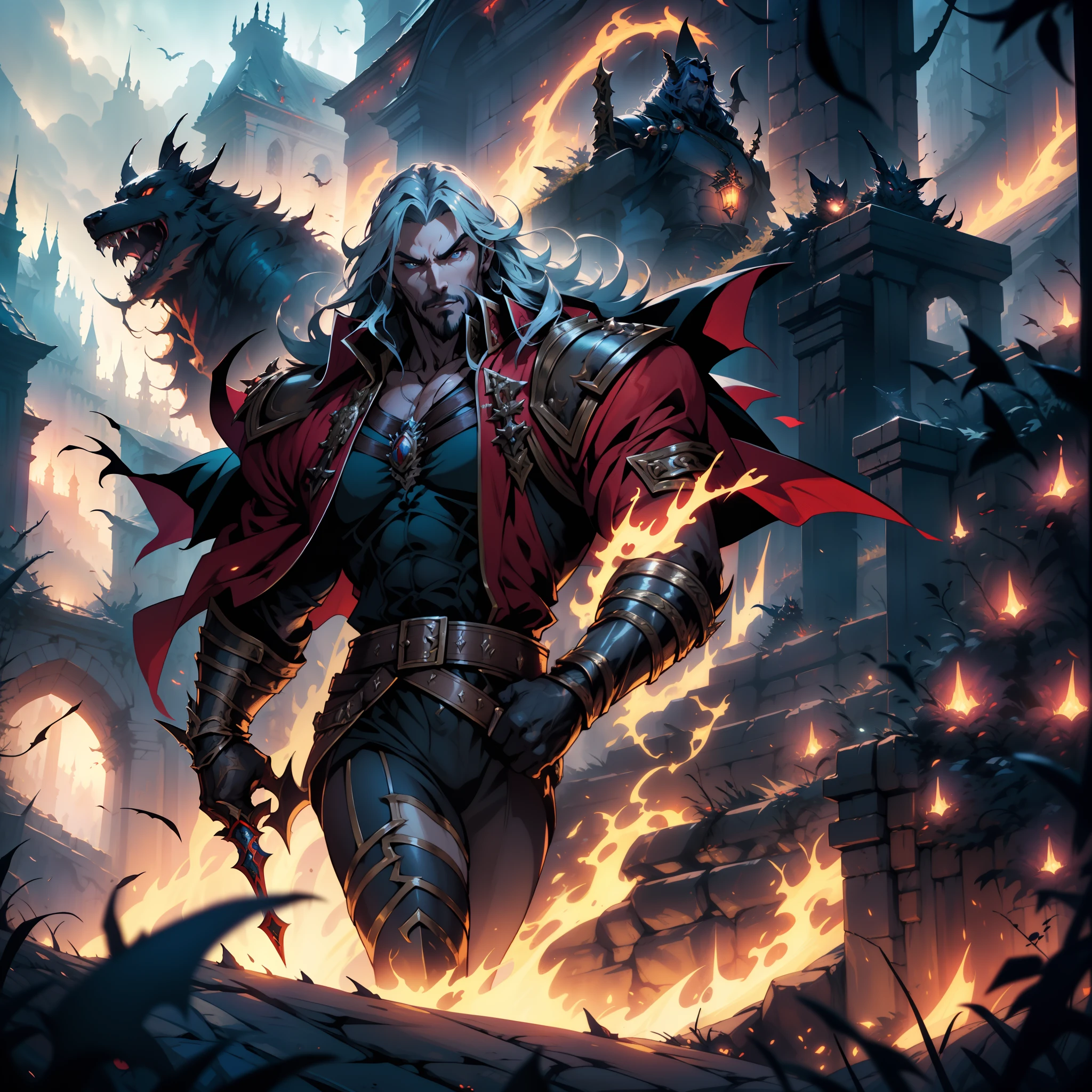 Castlevania Shadow Lord hyper realistic super detailed Dynamic shot masterpiece cinematic scene scenes Epic Legendary Lord Dracula leading troops armed with demons to fight sharp details cinematic scenes movie Legendary many demons gathered around Lord Dracula creatures