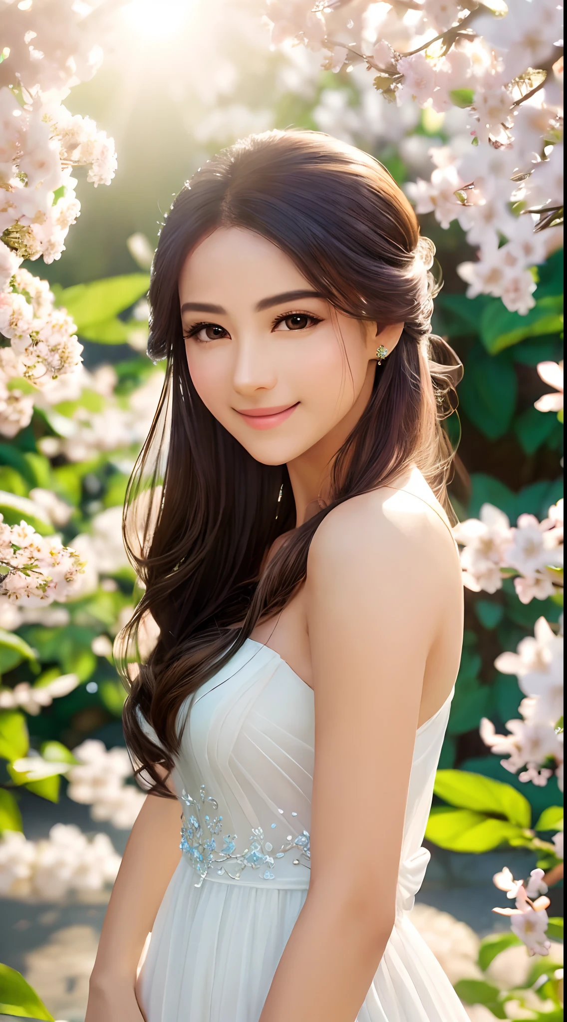 (Best quality,4K,A high resolution,Ultra-detailed,Realistic:1.37),Vivid colors,Sunlight,llight rays,bergamot,white blossoms,Beautiful girl,Exquisite features,Flowing hair,Serene expression,Garden setting,Elaborate dress,Soft sunlight,Gentle breeze,Cheerful ambiance,Backlit scene,a hint of smile,ethereal glowing,Fresh in the morning,Long shadows,harmony of nature,subtle reflections,Natural beauty,Twinkling dewdrops,Clear detail,serenity and calm,Sublime ingredients,Arrive at the branch,whispering leaves,Aromatherapy petals,with light glowing,Sparkling highlights,Subtle shadows,Soft focus,Sublime beauty,Whisper natural,Fantastical Atmosphere,Illuminated background.