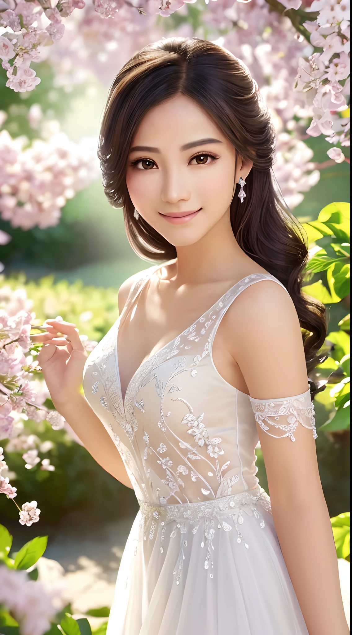 (Best quality,4K,A high resolution,Ultra-detailed,Realistic:1.37),Vivid colors,Sunlight,llight rays,bergamot,white blossoms,Beautiful girl,Exquisite features,Flowing hair,Serene expression,Garden setting,Elaborate dress,Soft sunlight,Gentle breeze,Cheerful ambiance,Backlit scene,a hint of smile,ethereal glowing,Fresh in the morning,Long shadows,harmony of nature,subtle reflections,Natural beauty,Twinkling dewdrops,Clear detail,serenity and calm,Sublime ingredients,Arrive at the branch,whispering leaves,Aromatherapy petals,with light glowing,Sparkling highlights,Subtle shadows,Soft focus,Sublime beauty,Whisper natural,Fantastical Atmosphere,Illuminated background.