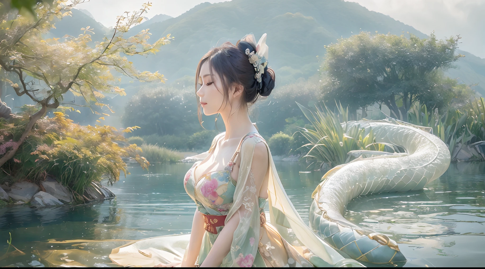 (beautifull flower fairy with super large breast, sad face, lift her chest, sit on tree branch near beautifull lake), (strapless luxury flower bra), (show cleaveage), (show underboobs) , (show sideboobs), (show thigh), (detailed flower underboobs ornament), (detailed luxury flower chest ornament), (detailed luxury flower arm ornament), (detail flower hips ornament), expensive detailed flower necklace, flower vase, (very large breast:1.9), beautifull lake behind, flower mountain background, detail flower forest, detail flower field, detail flower background, beautifull face, pretty face, beautifull eyes, beautifull nose, sexy lips, polished nails, raytracing beautifull fingers, beautifull hands, sexy belly, sexy body, sexy shoulders, sexy legs, sexy hips, (luxury bracelet), (luxury ring), (luxury necklace), black nails , blue eye, (4 fingers in 1 hand), white skin, full body picture, pretty makeup, blush, body tattoo, beautifull butterfly wings, butterfly background