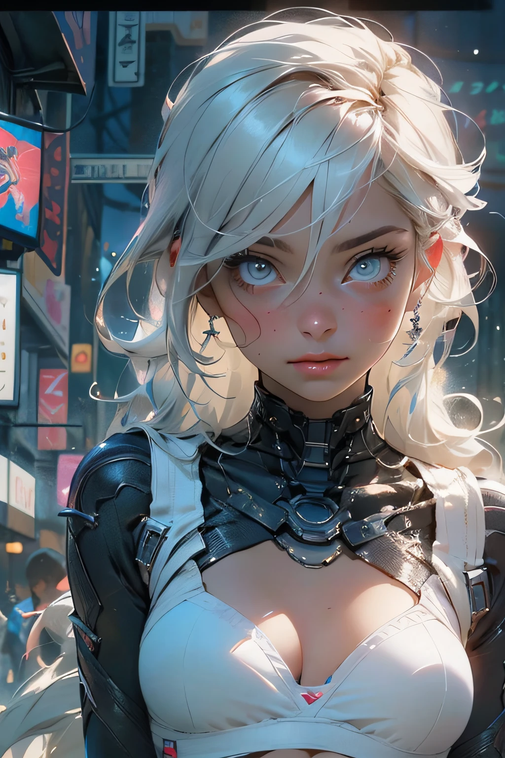(ciberpunk:1.3) , Stylish woman looking at camera, Against the backdrop of the nightly cyberpunk city, white short dress, melancholy lighting, Quiet, Calm, brightness, Masterpiece, Best Quality, 1girl, (JinxLol:1.2), (ultra photorealistic:1.3), (Masterpiece:1.4), Best Quality, ((Realistic)), hiquality, Ultra Detailed, ((Real image)), ((lifelike skin)), ((realistic face)),(illustartion:1.05), (Beautiful:1.05), (beautiful detail eyes:1.05), (cinematiclight:1.1), blue color on squads,  Perfect whole body, Slim silhouette, Slim, small breasts, white clothing