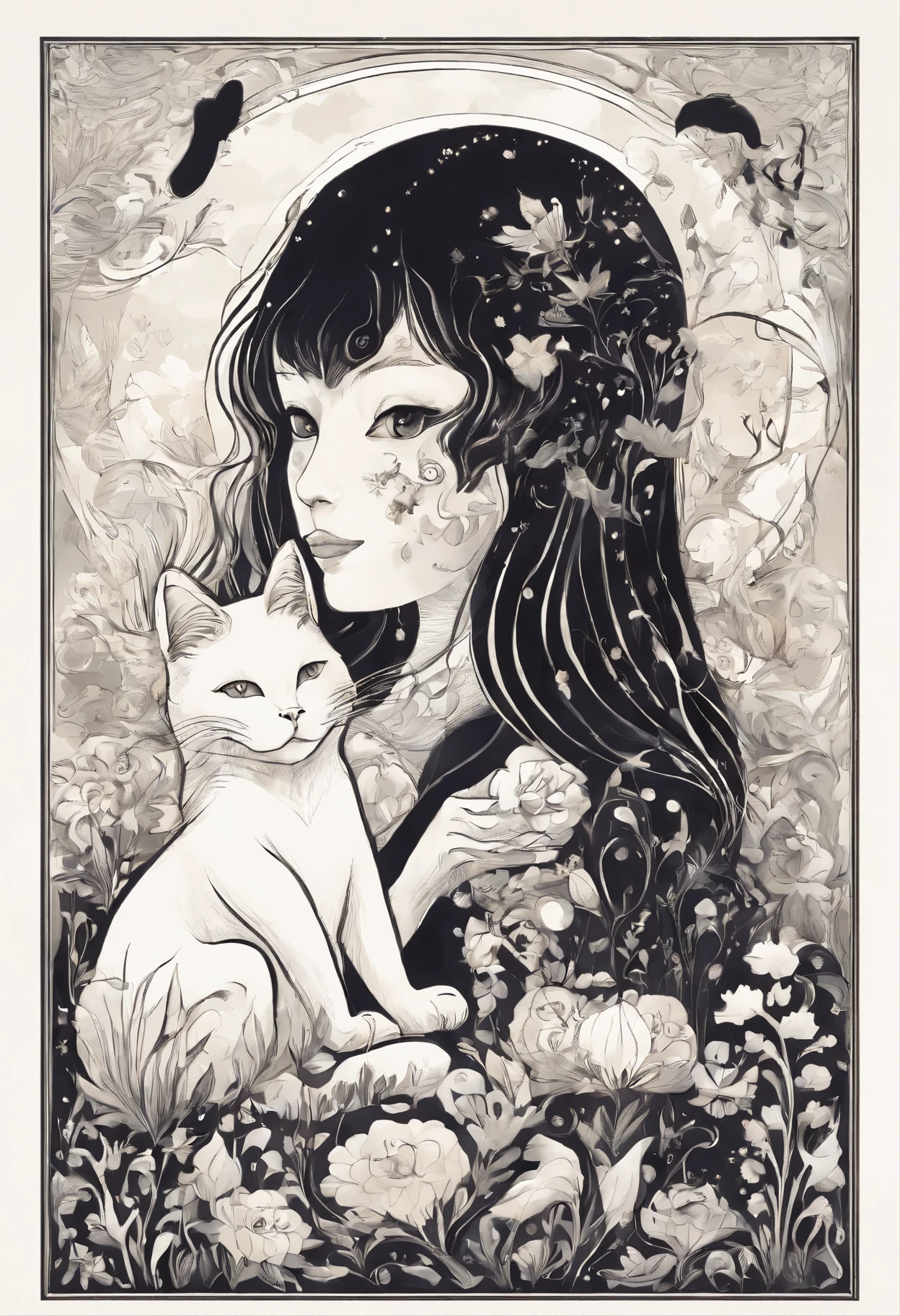 A cute white and black cat which is standing on two legs like a human and smiling and be happy because of playing with a and beautiful girl