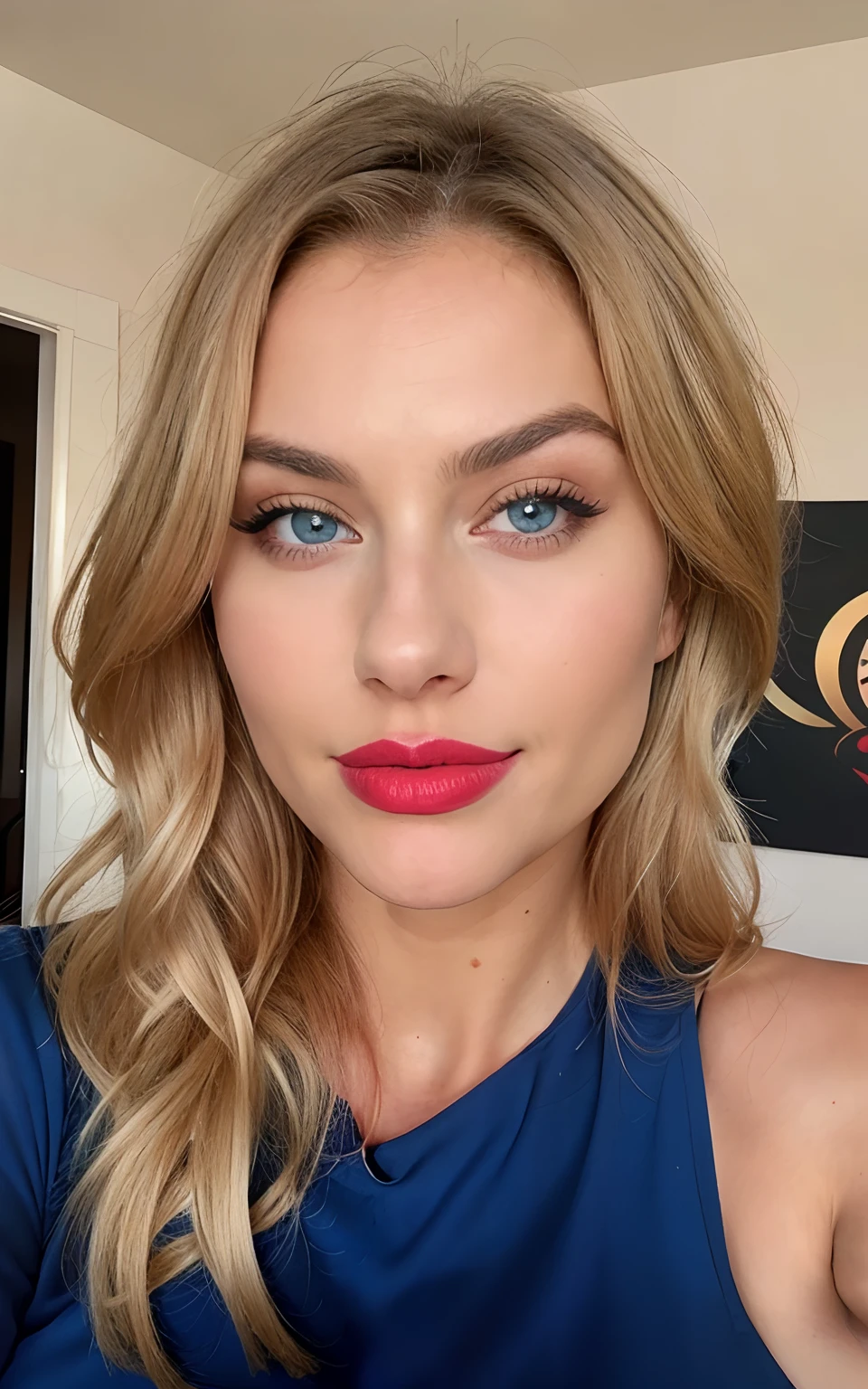 a headshot of a blonde woman with blue eyes and plump lips hyper realistic, glossy red lip stick