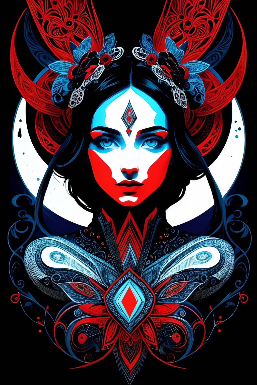 pop art, black and white and blue and red, 1girl, very beautiful, mystical, fantastic, intricate, surreal, delicate