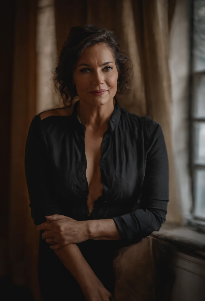 Dame de 30 ans, Chest shooting, yeux noirs, cheveux noirs, Fond chaud, smirk