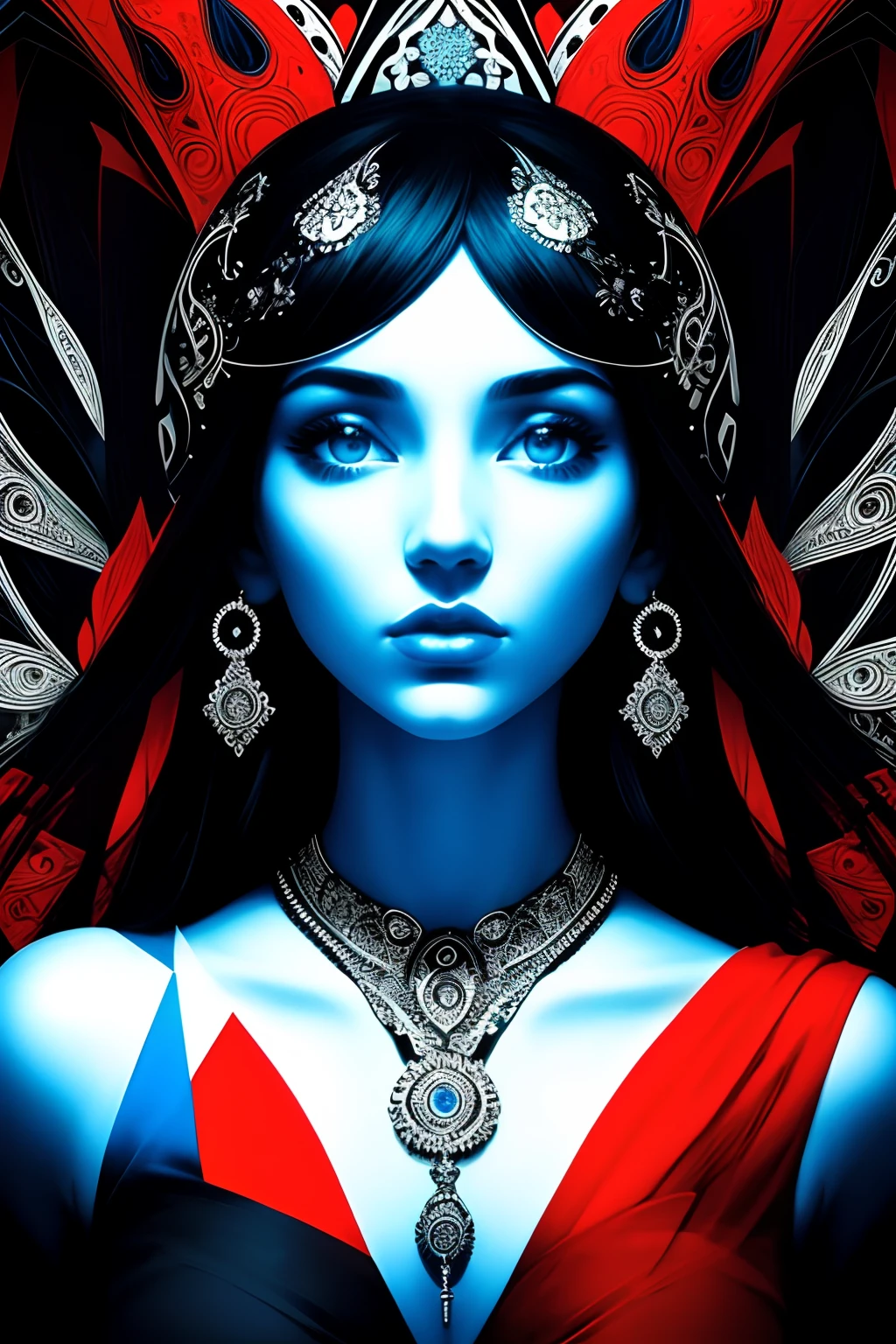 pop art, black and white and blue and red, 1girl, very beautiful, mystical, fantastic, intricate, surreal, delicate