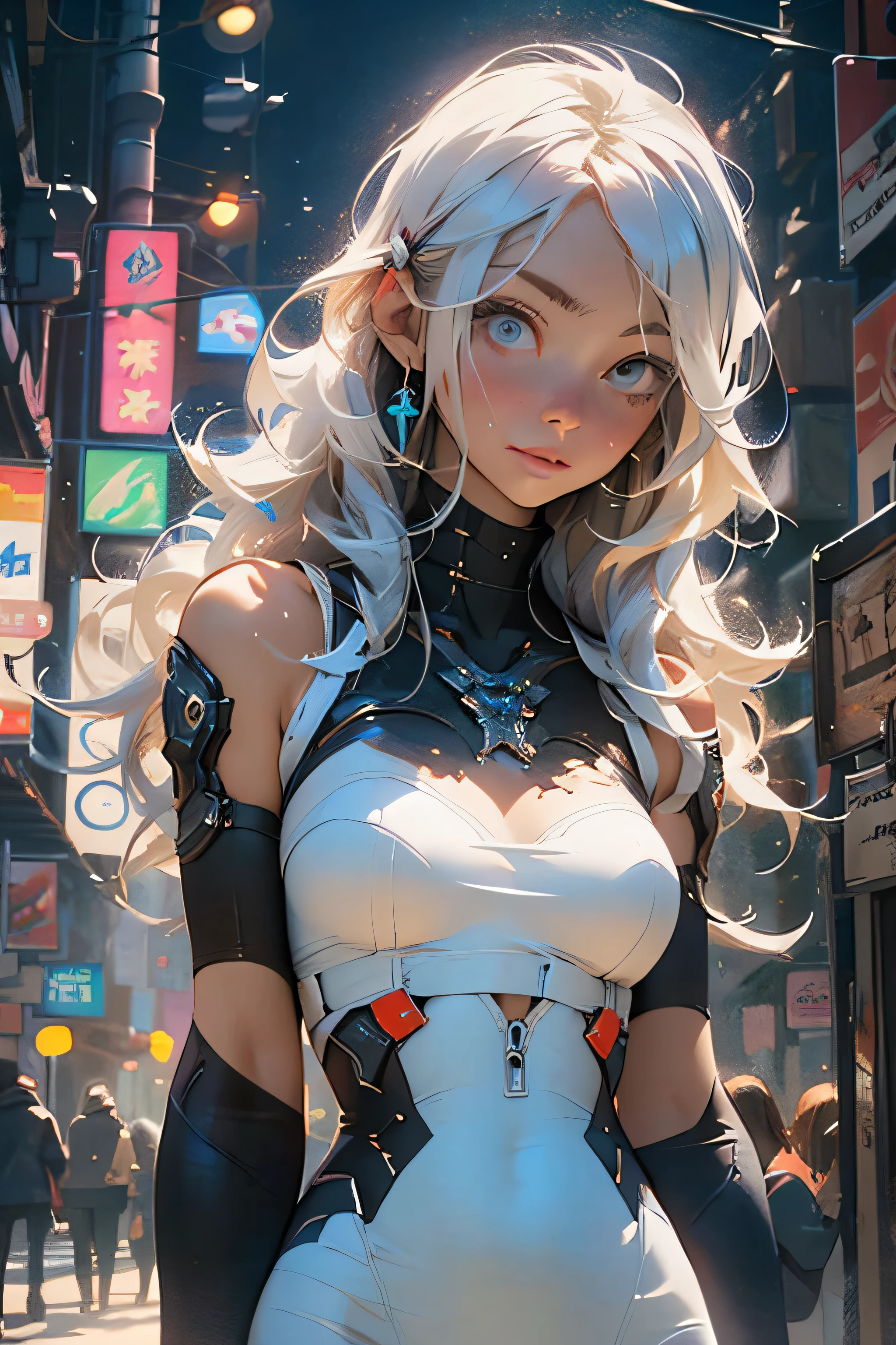 (ciberpunk:1.3) , Stylish full-length woman, is looking at the camera, Against the backdrop of the nightly cyberpunk city, white short dress, melancholy lighting, Quiet, Calm, brightness, Masterpiece, Best Quality, 1girl, (JinxLol:1.2), (ultra photorealistic:1.3), (Masterpiece:1.4), Best Quality, ((Realistic)), hiquality, Ultra Detailed, ((Real image)), ((lifelike skin)), ((realistic face)),(illustartion:1.05), (Beautiful:1.05), (beautiful detail eyes:1.05), (cinematiclight:1.1), blue color on squads, Perfect whole body, Slim silhouette, Slim, small breasts, white clothing