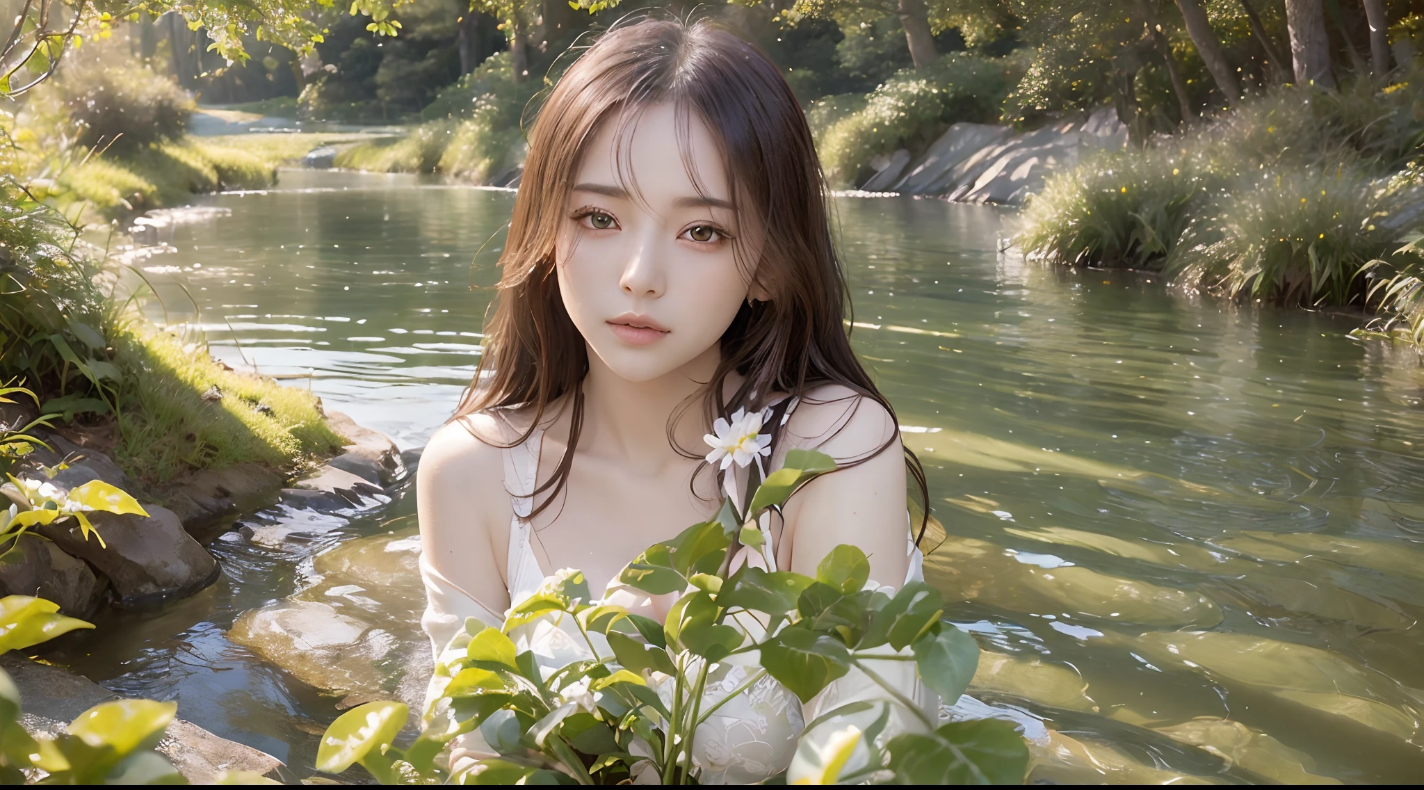 (Best quality,high resolution,photo-realistic:1.37), Vibrant atmosphere, Woman by the lake, exquisite face, Detailed eyes, Lush greenery, Soft sunlight, Calm water, relaxing mood, Clear floral pattern stockings,serene environment, peacful, comfortable seating, Gentle breeze, Joyful scene, Harmonious colors, Tranquility, Dragon-shaped smoke, Zhao Fu