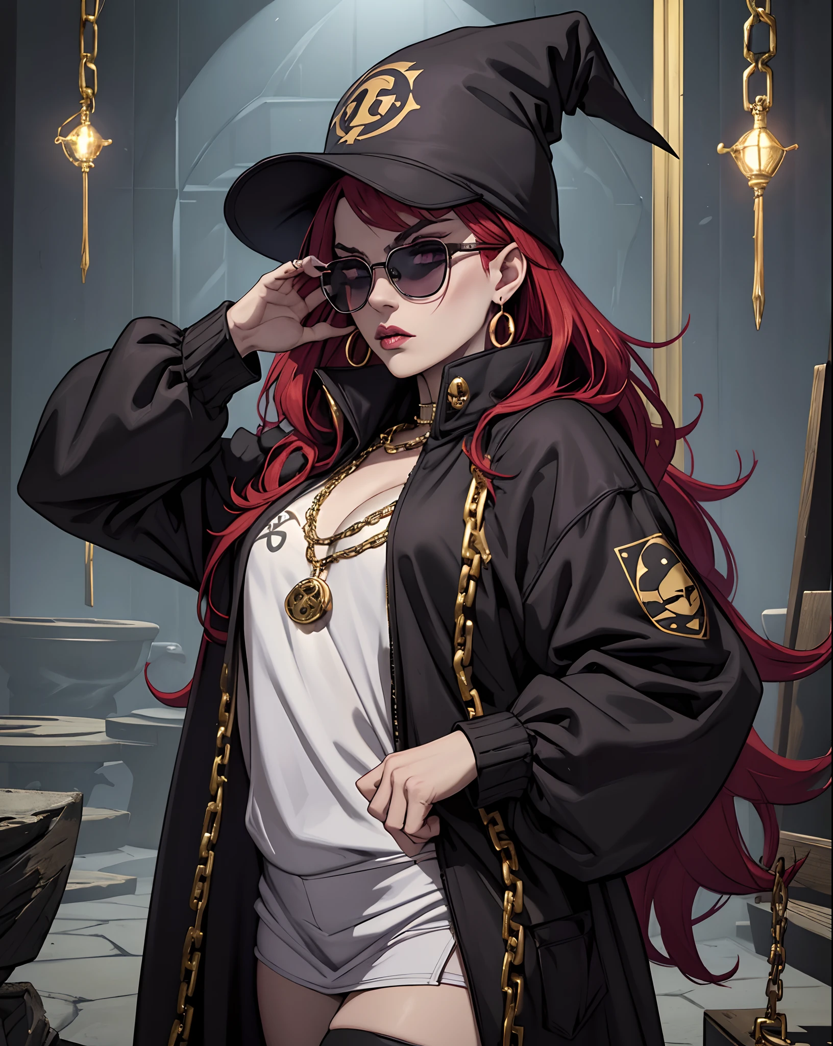 (best quality,4k,8k,highres,masterpiece:1.2),ultra-detailed,realistic, savage evil badass hip hop evil female rapper dark mage occultist wearing fullbody fearfeal intimadating baggy saggy supreme, bape, stylish stussy tracksuit clothes long hair, in a pimp fur coat wearing a golden cuban chain and gold rings, DIOR GLASSES, dark magic flexing evil hex rituals bright lights and summon room and incarnations (evil aura moody lighting)