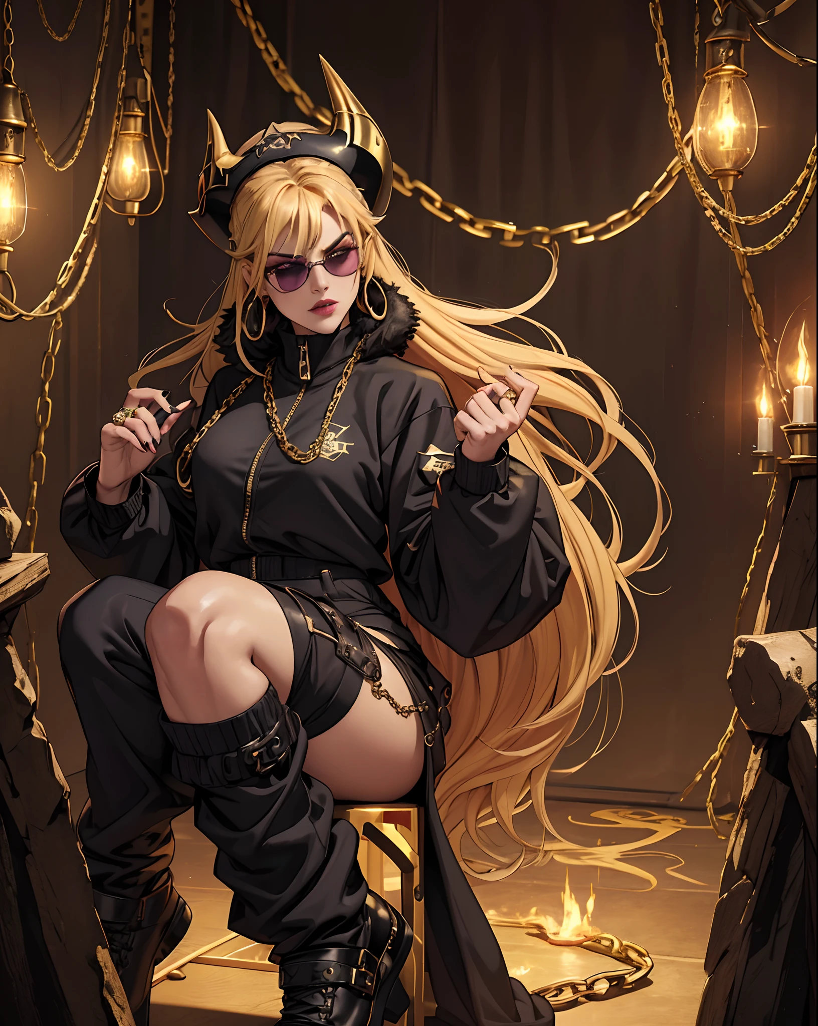 (best quality,4k,8k,highres,masterpiece:1.2),ultra-detailed,realistic, savage evil badass hip hop evil female rapper dark mage occultist wearing fullbody fearfeal intimadating baggy saggy supreme, bape, stylish stussy tracksuit clothes long hair, in a pimp fur coat wearing a golden cuban chain and gold rings, DIOR GLASSES, dark magic flexing evil hex rituals bright lights and summon room and incarnations (evil aura moody lighting)