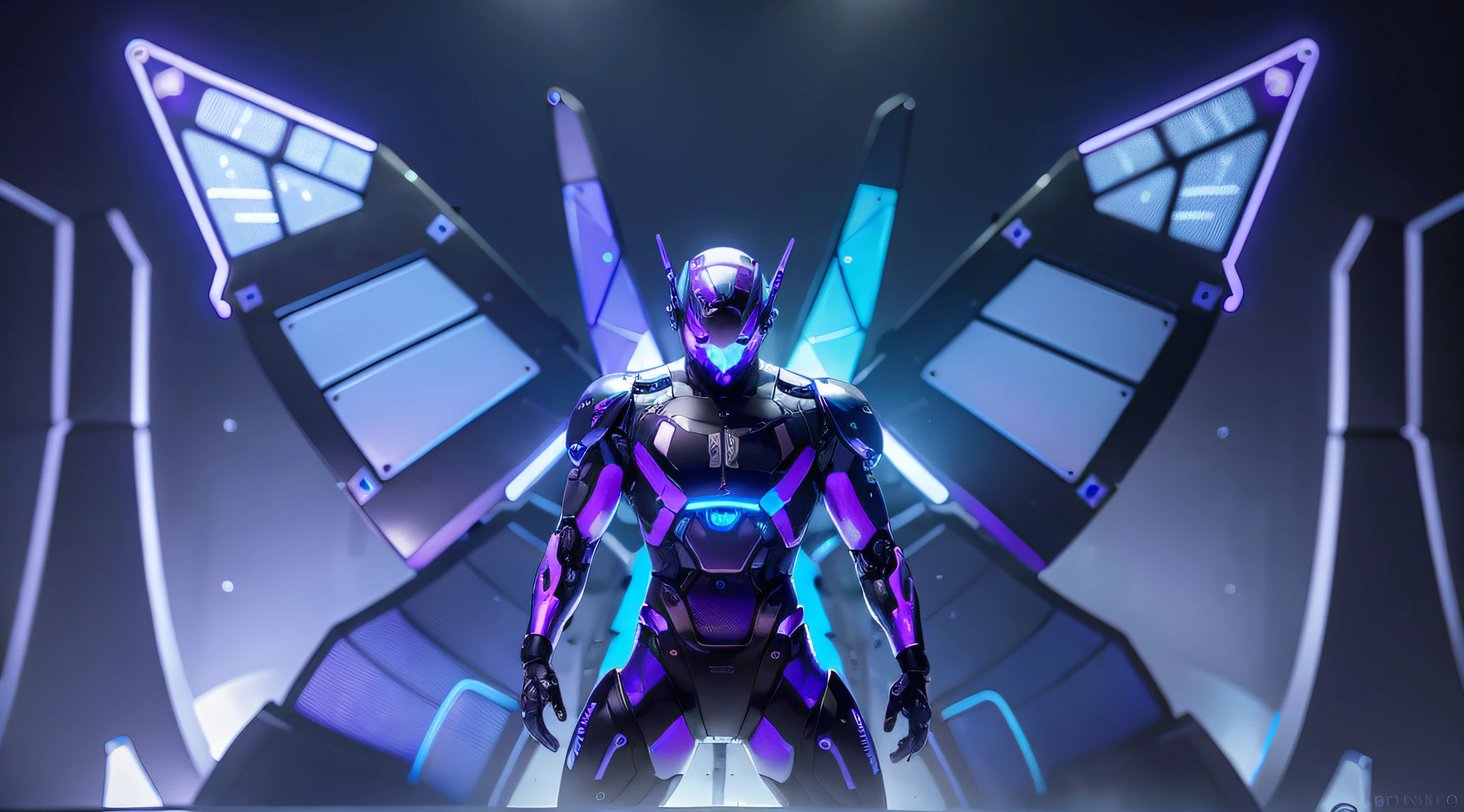 MALE. MAN. MAN. MALE..wings leds, divine paradise. neon blue and Purple butterfly wings leds. heavenly illumination. God. Holy robotic. levitating. Position of god. Deitado na cama. strong, robust and masculine body. fat arms. Position of divinity. Floating. divine statue, pedestal, holy pedestal. levitating. masterpiece, best quality, a close up of a futuristic looking cyborg man with a fantastic cyber helmet head with blue and Purple triangle led lights and a halo, full body, dancing. dance. synthwave ballad. silver pants. wearing a blue and Purple techwear jacket, white church in background. jump, full body, robotic legs. divine statue, pedestal, holy pedestal. neon blue and Purple butterfly wings leds. MASCULINE. MALE MASCULINE. Boy Muscular