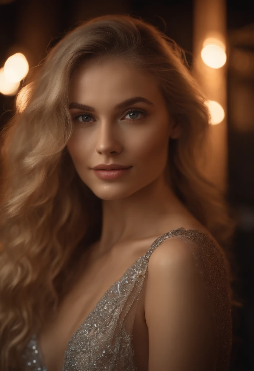 RAW, analog, Nikon Z 85mm,((best quality)), ((masterpiece)), ((realistic)),far fromthe camera image, gorgeous russian woman, blond, 18 year old, posing in a club, wearing lingerie petite, smile with teeth showing, ((small breasts)), intricate details, highly detailed, sharp focus, professional, 4k, god rays, hand model, stunning brown eyes, petite,strong chin big ramus dnot defined jawline huge strong cheekbones highset cheekbones big eyes. great face projection highres, detailed facial features, high detail, sharp focus, smooth, extremely detailed, photo_\(ultra\), photorealistic, realistic, post-processing, max detail, roughness, real life, ultra realistic, photorealism, 8k uhd, SEMI-SILHOUETTE light, slavic face, long blon hair, beautiful hair, real face face
