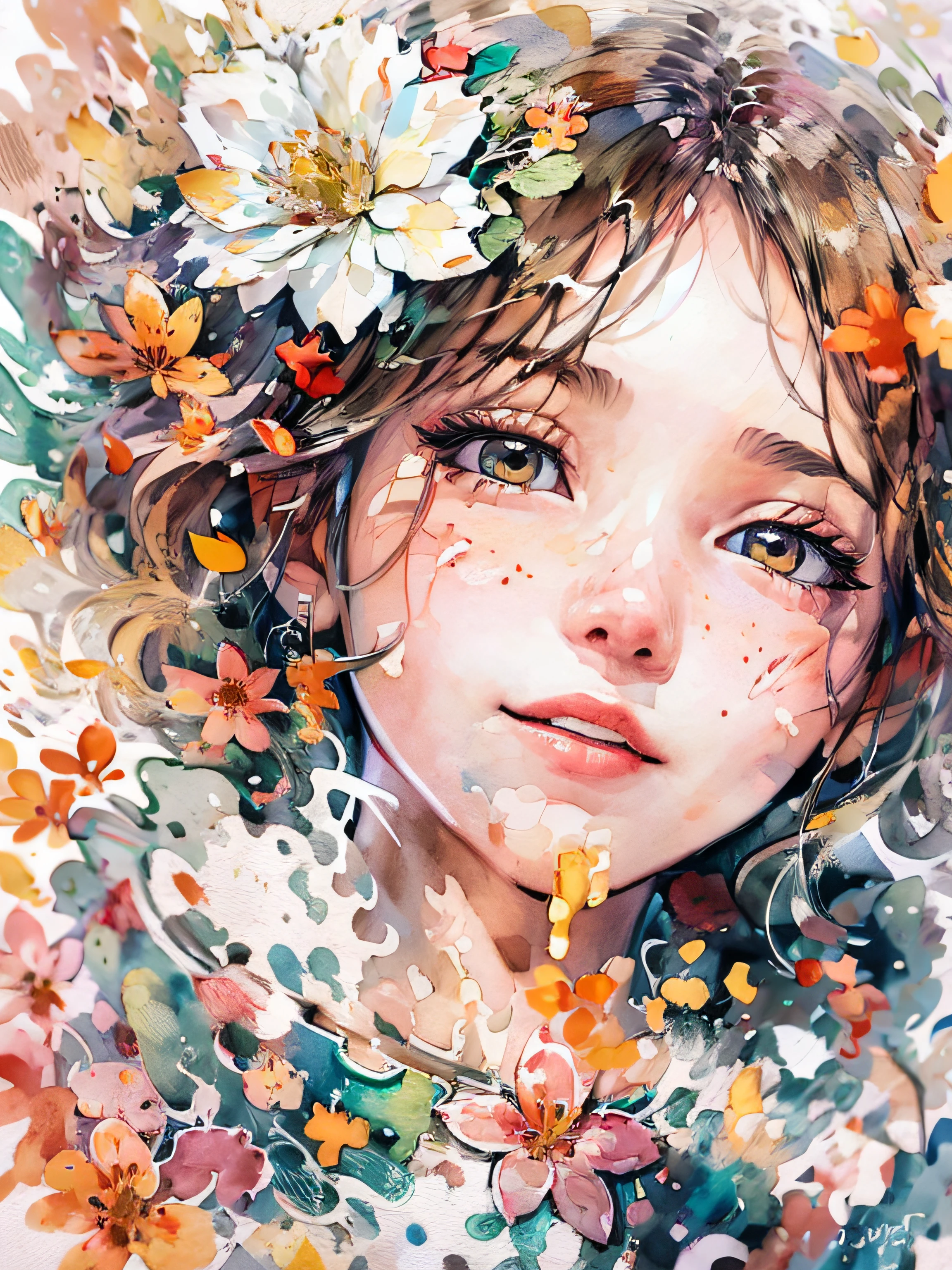 (masutepiece),best quality,Illustration,Art Nouveau,Sumi-e,Portrait,onry_1girl_Face,(White background:1.4),(the Extremely Detailed CG Unity 8K Wallpapers:1.1),(Colorful:0.8),,(Solo:1.2), (Ink splashing),(splashes of colour),((watercolor paiting)),flowers background,Outdoors,boulders,Soft smile,pure,(beautiful),Detailed and complex pattern,colorwater,(Face Focus),Looking at Viewer