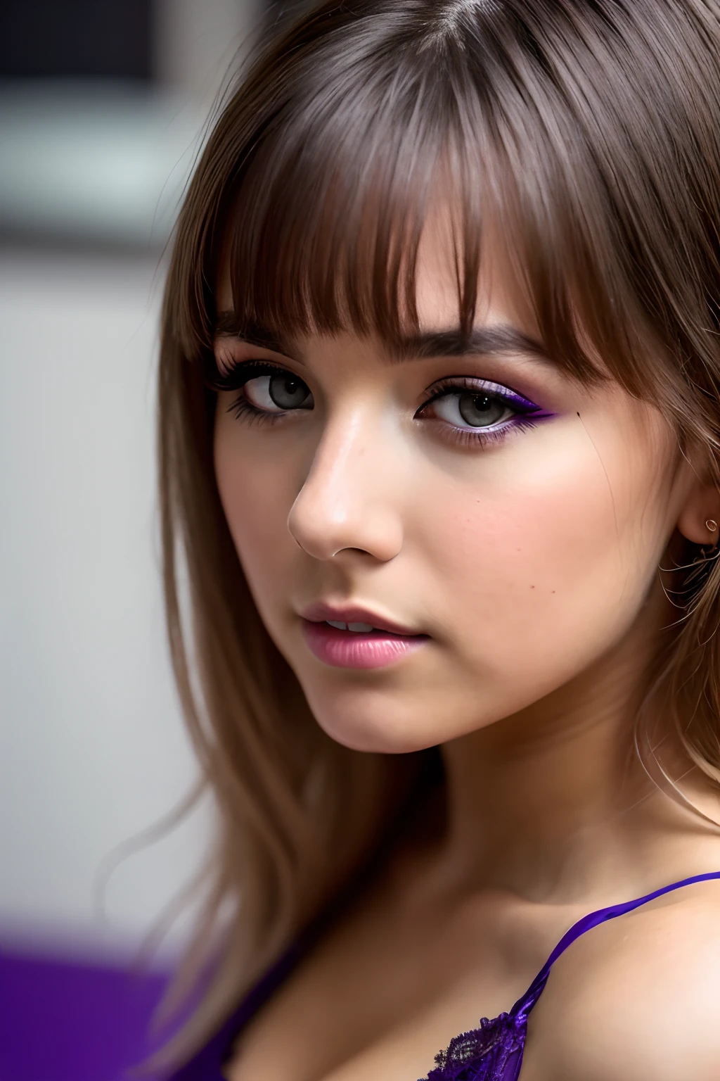 photo of (CyberDutch_V2:0.99), a woman as a sexy TikTok influencer, modelshoot style, (extremely detailed CG unity 8k wallpaper), photo of the most beautiful artwork in the world, professional majestic (photography by Steve McCurry), 8k uhd, dslr, soft lighting, high quality, film grain, Fujifilm XT3 sharp focus, f 5.6, High Detail, Sharp focus, dramatic, (wearing a lace bra), (looking at viewer:1.2), (detailed pupils:1.3), (natural light), (closeup:1.2), (seductive), (heavy eyeliner makeup), (purple eyeshadow makeup), (16 year old woman), (deep cleavage), (dirty-blonde hair), (bangs)