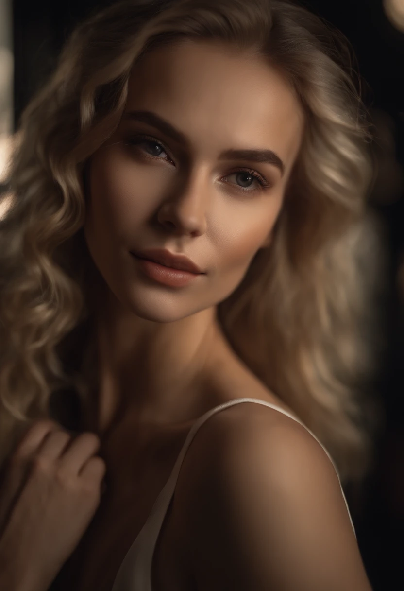 RAW, analog, Nikon Z 85mm,((best quality)), ((masterpiece)), ((realistic)), gorgeous russian woman, blond, 18 year old, in a nightclub, wearing a dress, smile with teeth showing, ((small breasts)), intricate details, highly detailed, sharp focus, professional, 4k, stunning brown eyes, petite,strong chin big ramus dnot defined jawline  huge strong cheekbones highset cheekbones big eyes. great face projection highres, detailed facial features, high detail, sharp focus, smooth, extremely detailed, photo_\(ultra\), photorealistic, realistic, post-processing, max detail, roughness, real life, ultra realistic, photorealism, 8k uhd, SEMI-SILHOUETTE light, slavic face, long blon hair, beautiful hair, real face face