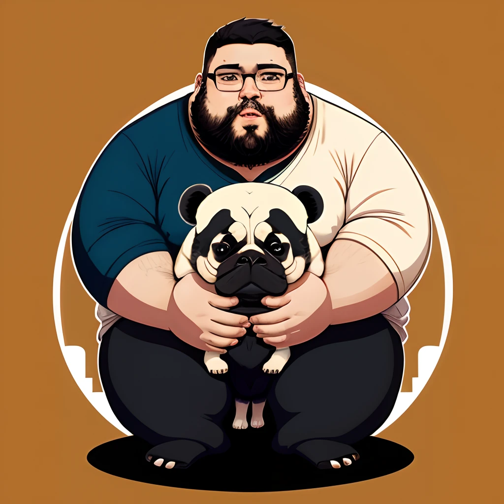 panda man, overweight, with glasses, beard, holding french bulldog dog, anime style, plain background