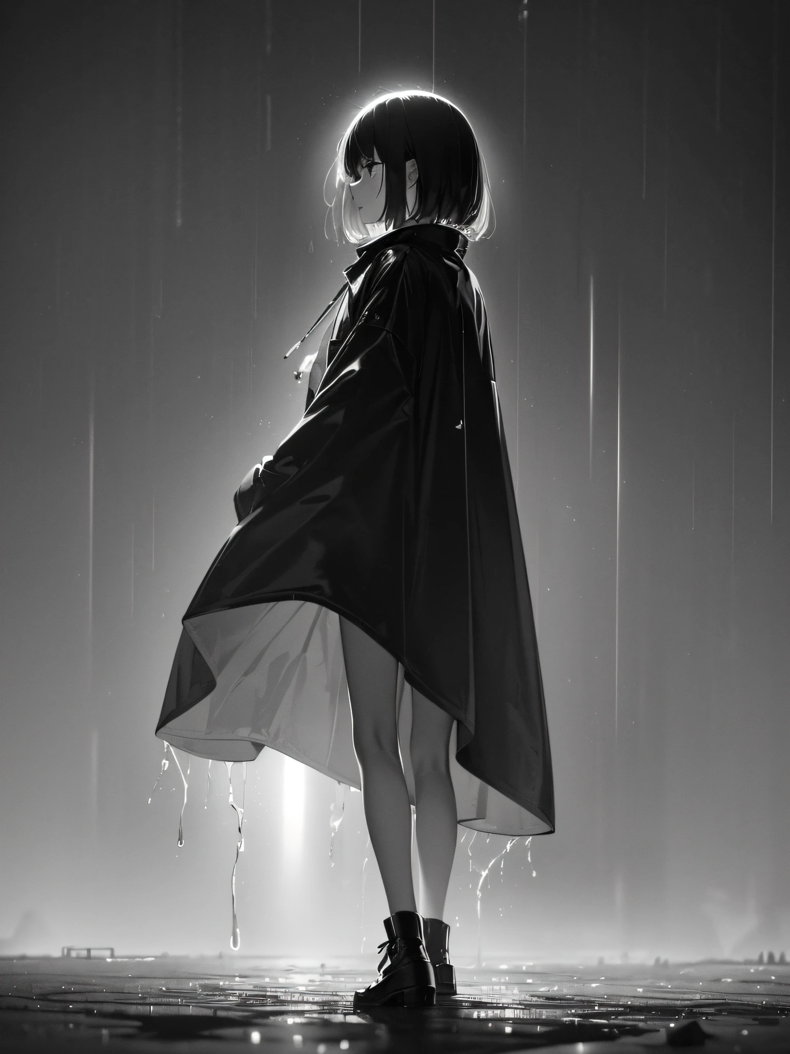 A sad girl in profile in a raincoat, walking aimlessly, raining skulls on her back, Colorful balloons flying in the black sky, empty, depressing, sad, (ultra-realistic), {extremely detailed 8k CG unity wallpaper} , expansive landscape photography, (a view from below that prioritizes the sky above, wide open field view), (low angle shot), (high light: 0.5), (low light: 0.5), (warm light source : 1.2), complex details, (iridescent colors: 2.0), (bright lighting), (atmospheric lighting), sad, black and white, horror, rain