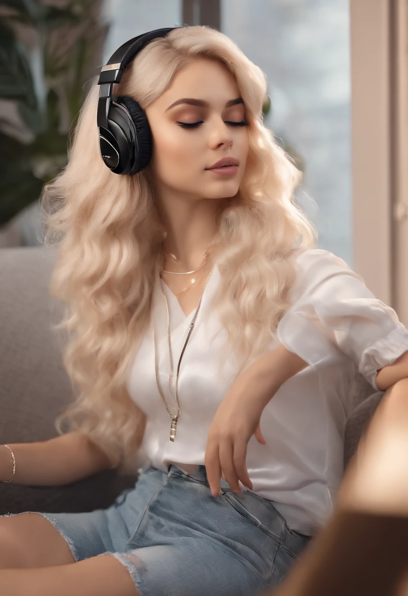 blond woman with headphones, a pastel inspired by Károly Lotz, reddit, realism, twitch streamer, pokimane, twitch streamer / gamer ludwig, perfect black haired girl, profile picture 1024px, ava max, anime vibes, profile pic, portrait of kim petras, shes in a room, ana de armas, belle delphine