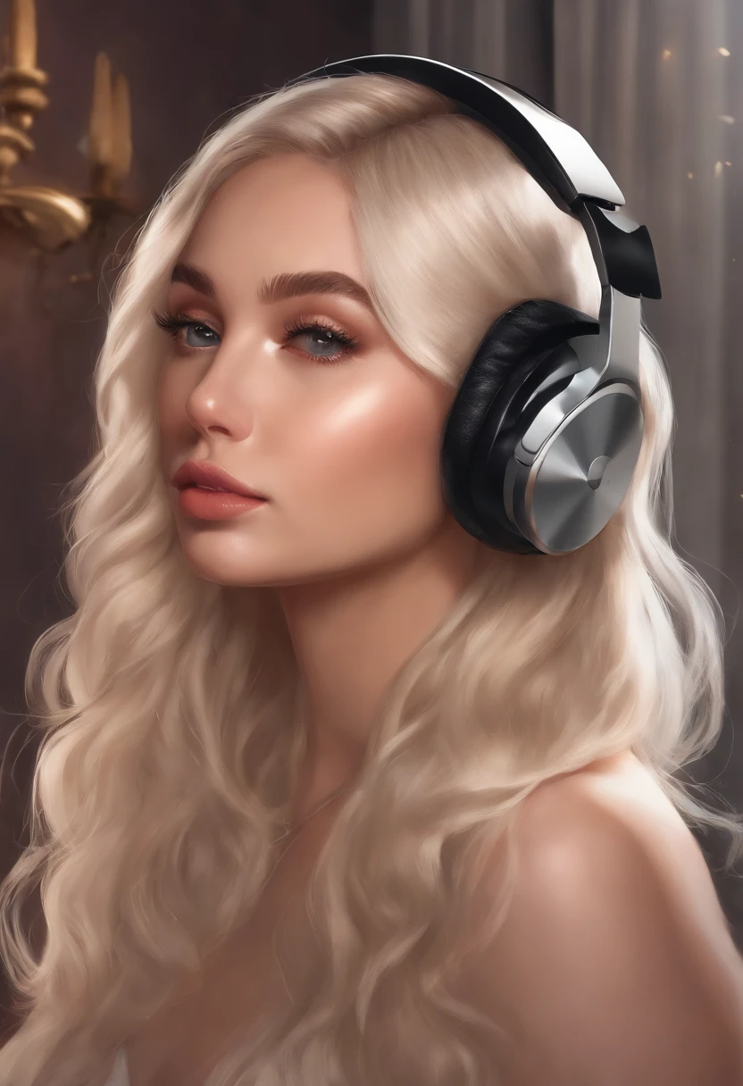 blond woman with headphones, a pastel inspired by Károly Lotz, reddit, realism, twitch streamer, pokimane, twitch streamer / gamer ludwig, perfect black haired girl, profile picture 1024px, ava max, anime vibes, profile pic, portrait of kim petras, shes in a room, ana de armas, belle delphine
