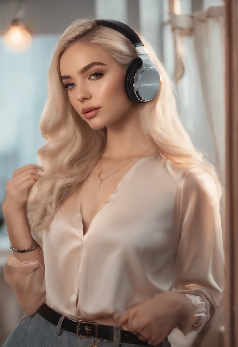 blond woman with headphones, a pastel inspired by Károly Lotz, reddit, realism, twitch streamer, pokimane, twitch streamer / gamer ludwig, perfect black haired girl, profile picture 1024px, ava max, anime vibes, profile pic, portrait of kim petras, shes in a room, ana de armas, belle delphine