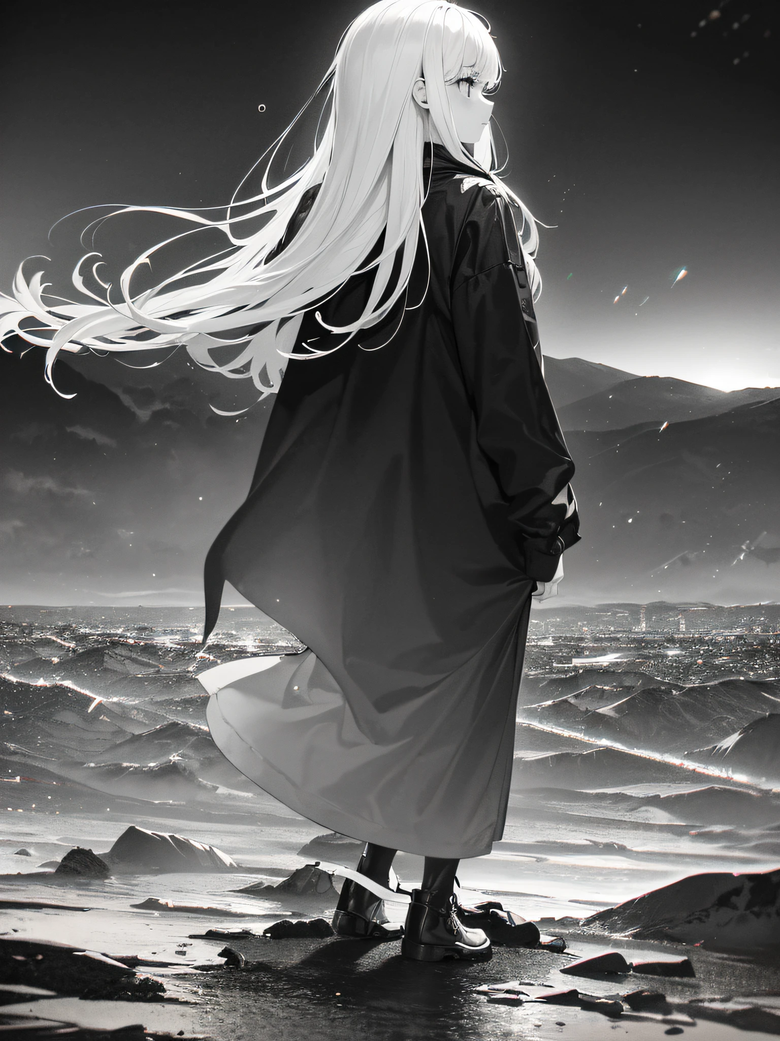 A sad girl in profile with a raincoat, walking aimlessly, raining, skull-faced spirit following her, Colorful balloons flying in the black sky, empty, depressive, sad, (ultra-realistic), {CG unity wallpaper Extremely detailed 8k}, expansive landscape photography, (a view from below that prioritizes the sky above, wide open field view), (low angle shot), (high light: 0.5), (low light: 0.5), ( warm light source: 1.2), complex details, (iridescent colors: 2.0), (bright lighting), (atmospheric lighting), sad, black and white, horror