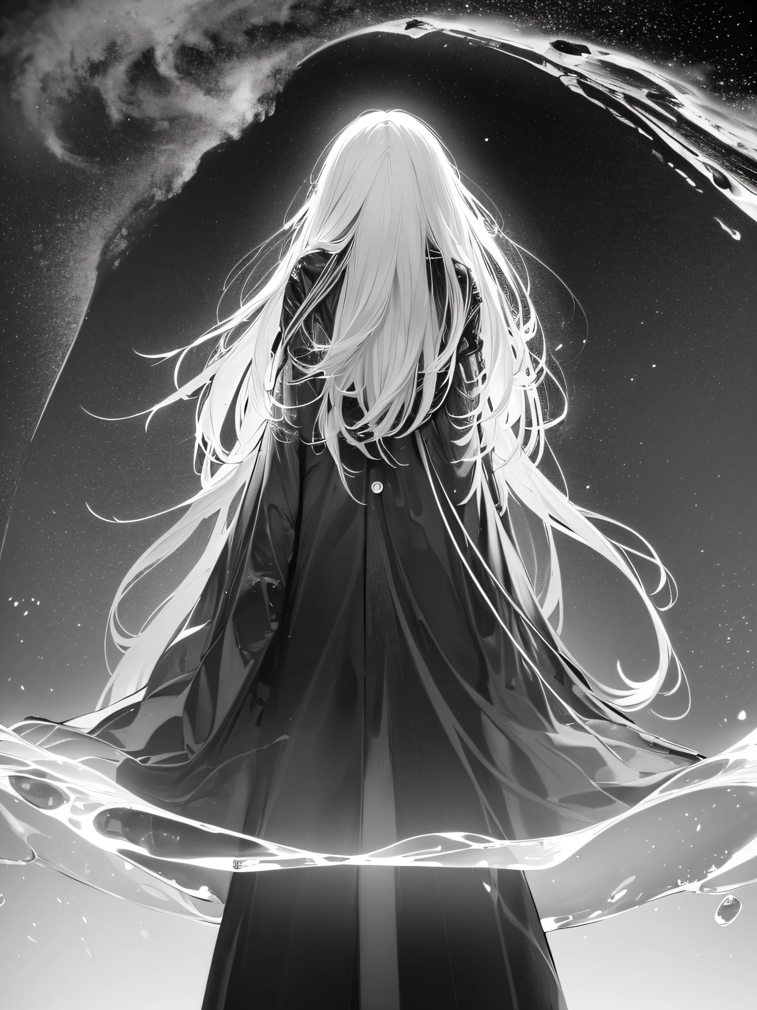 A sad girl in profile with a raincoat, walking aimlessly, raining, skull-faced spirit following her, Colorful balloons flying in the black sky, empty, depressive, sad, (ultra-realistic), {CG unity wallpaper Extremely detailed 8k}, expansive landscape photography, (a view from below that prioritizes the sky above, wide open field view), (low angle shot), (high light: 0.5), (low light: 0.5), ( warm light source: 1.2), complex details, (iridescent colors: 2.0), (bright lighting), (atmospheric lighting), sad, black and white, horror