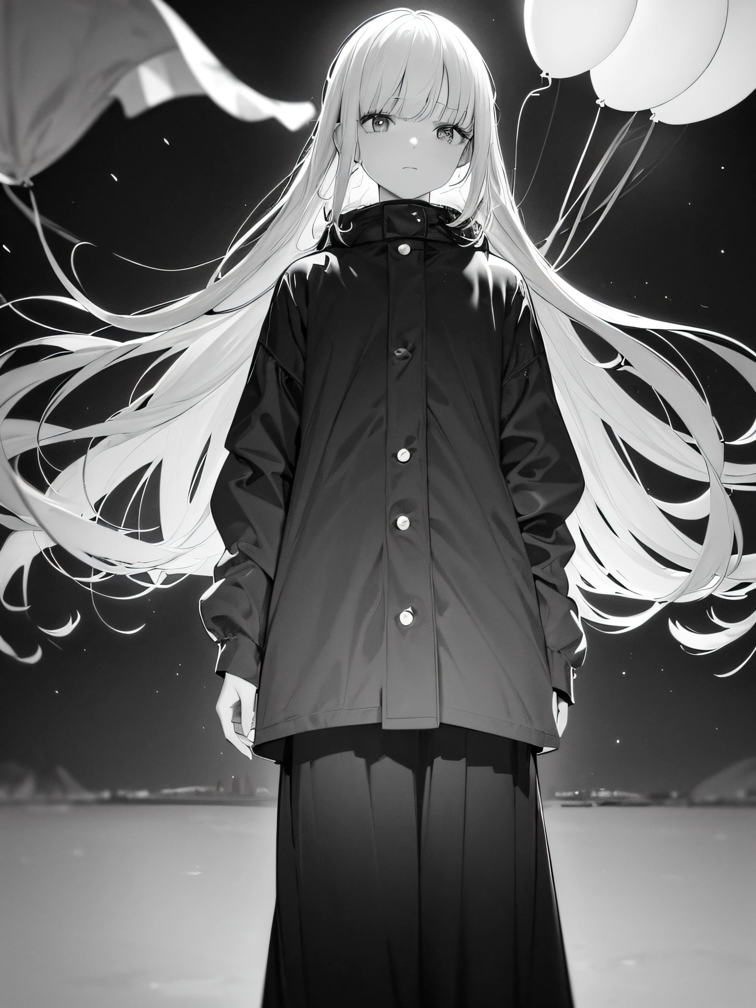 A sad girl in profile with a raincoat, walking aimlessly, raining, skull-faced spirit following her, Colorful balloons flying in the black sky, empty, depressive, sad, (ultra-realistic), {CG unity wallpaper Extremely detailed 8k}, expansive landscape photography, (a view from below that prioritizes the sky above, wide open field view), (low angle shot), (high light: 0.5), (low light: 0.5), ( warm light source: 1.2), complex details, (iridescent colors: 2.0), (bright lighting), (atmospheric lighting), sad, black and white, horror
