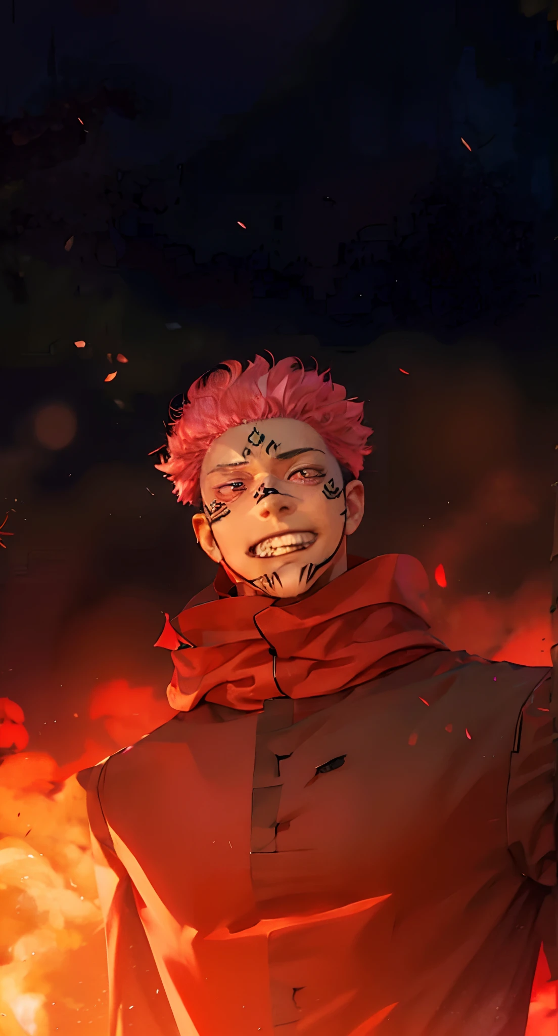 1man, itadori yuji mode sukuna in anime jujutsu kaisen, short hair , pink hair, red light eyes, handsome, purple clothes, realistic clothes, detail clothes, city background, ultra detail, realistic