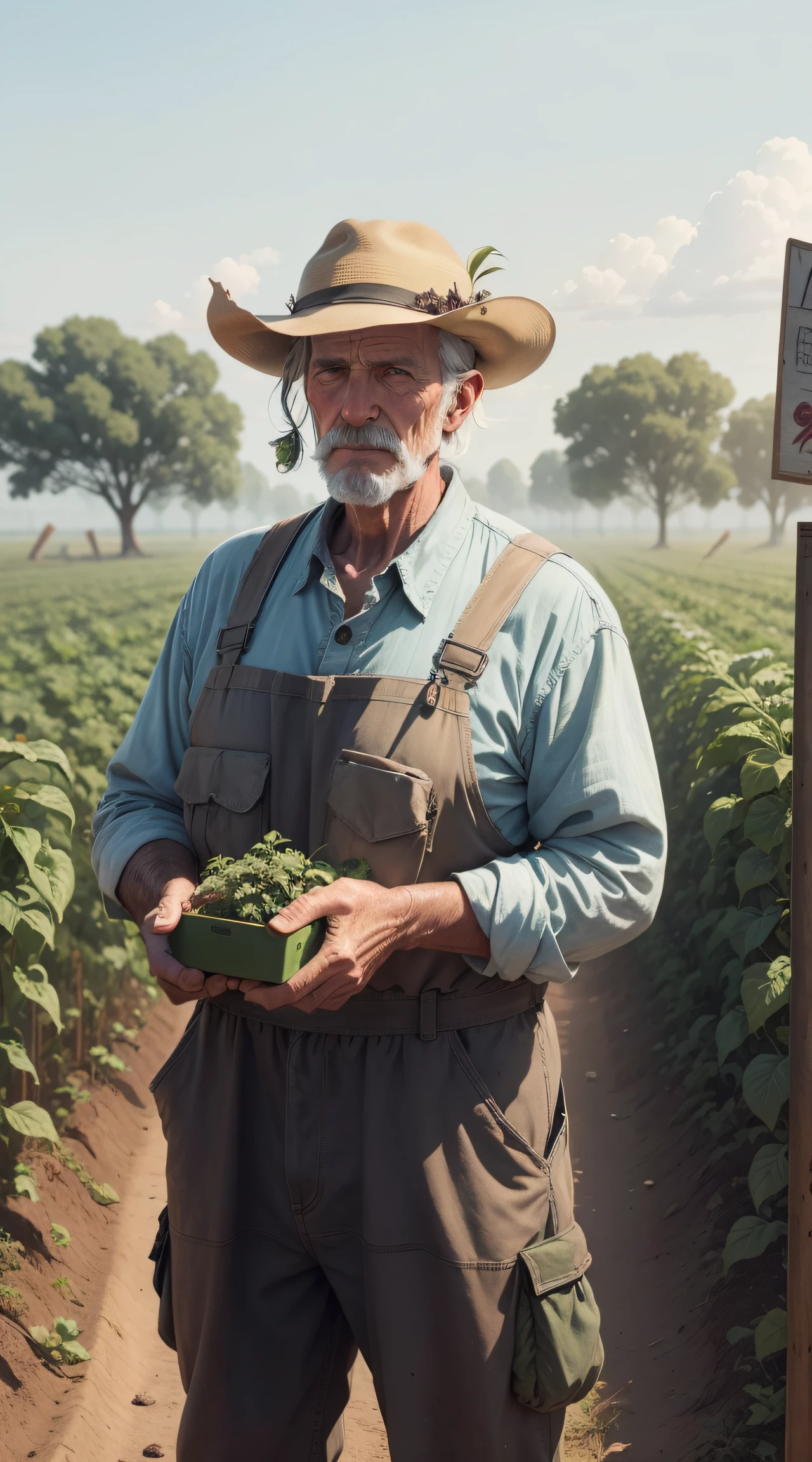 An Old Farmer in a Dystopian Future, struggling to produce food on the crop, controlled by large corporations, We have to deal with chemical pesticides and a lack of natural resources, Dreaming of simpler and more sustainable times.