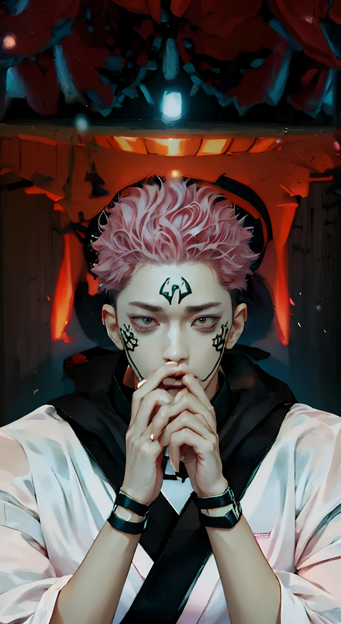 1man, itadori yuji mode sukuna in anime jujutsu kaisen, short hair , pink hair, red light eyes, handsome, white clothes, realistic clothes, detail clothes, city background, ultra detail, realistic