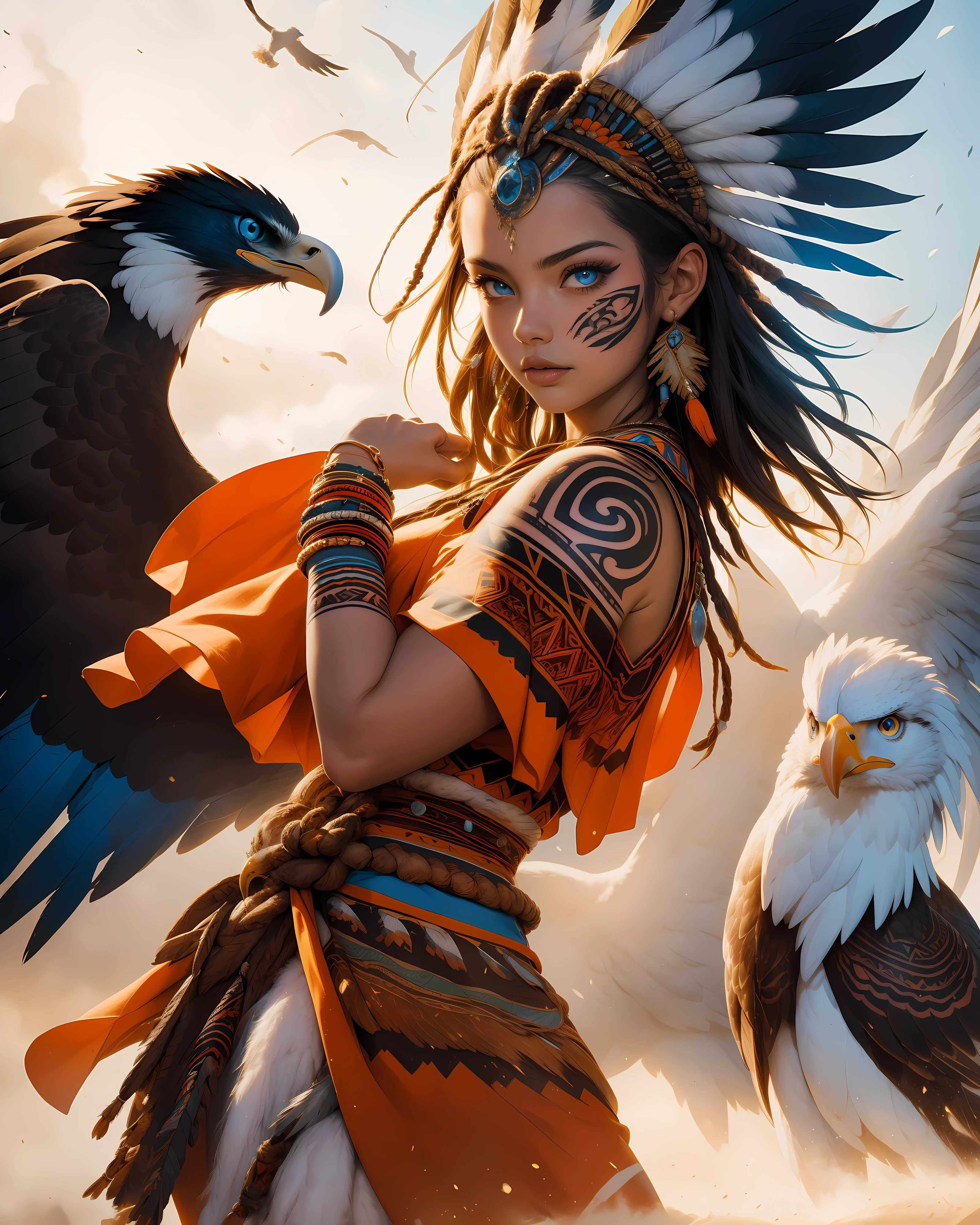 masterpiece, Cowboy shot, (1woman), (1 Eagle behind her), (tribal dress:1.2), (beautiful blue eyes), ((tribal (Eagle) tattoo)), white and orange colors, foggy background, dynamic pose, (looking at viewer), (front view), (from sky), (bokeh:1.2)