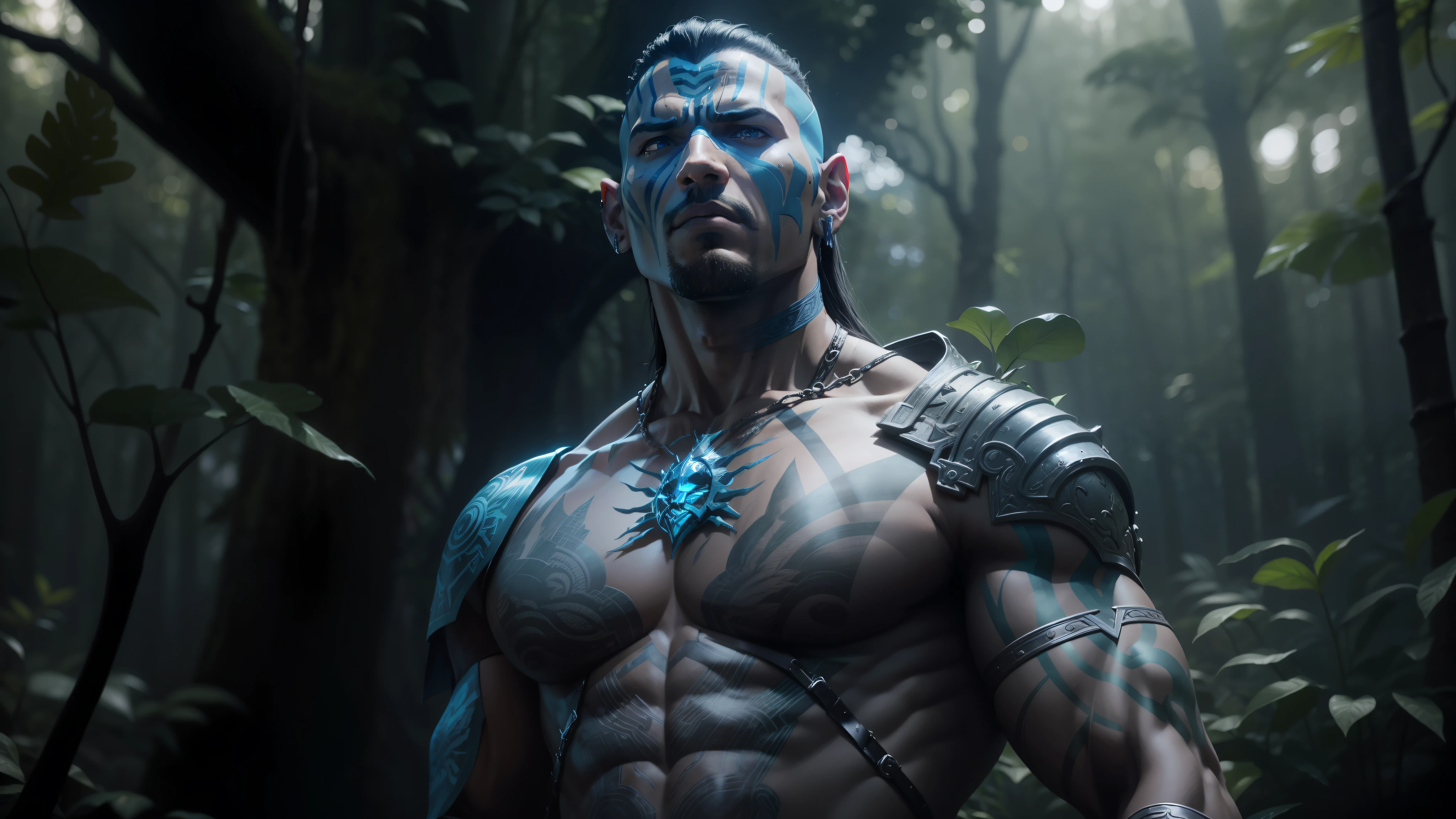 a close up of a man in a forest with a sword, avatar ( 2 0 0 9 ), movie still of aztec cyborg, movie still of cyborg, movie still of a villain cyborg, djinn human hybrid, avatar movie, dwayne johnson as god of war, dwayne johnson as kratos, movie still of a alien cyborg, nekro, nekro borja --auto --s2