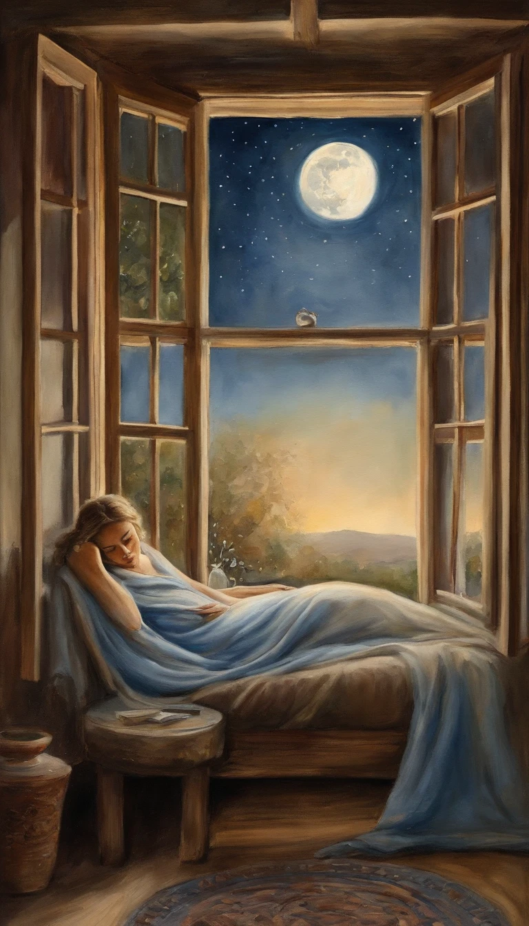 Imagine a serene and captivating scene of a women peacefully asleep, nestled beneath a soft blanket. Through her bedroom window, let the enchanting glow of the moon and the shimmering brilliance of the stars cast a tranquil radiance upon her. This captivating image captures the harmonious connection between the beauty of the night sky and the tranquility of her dreams