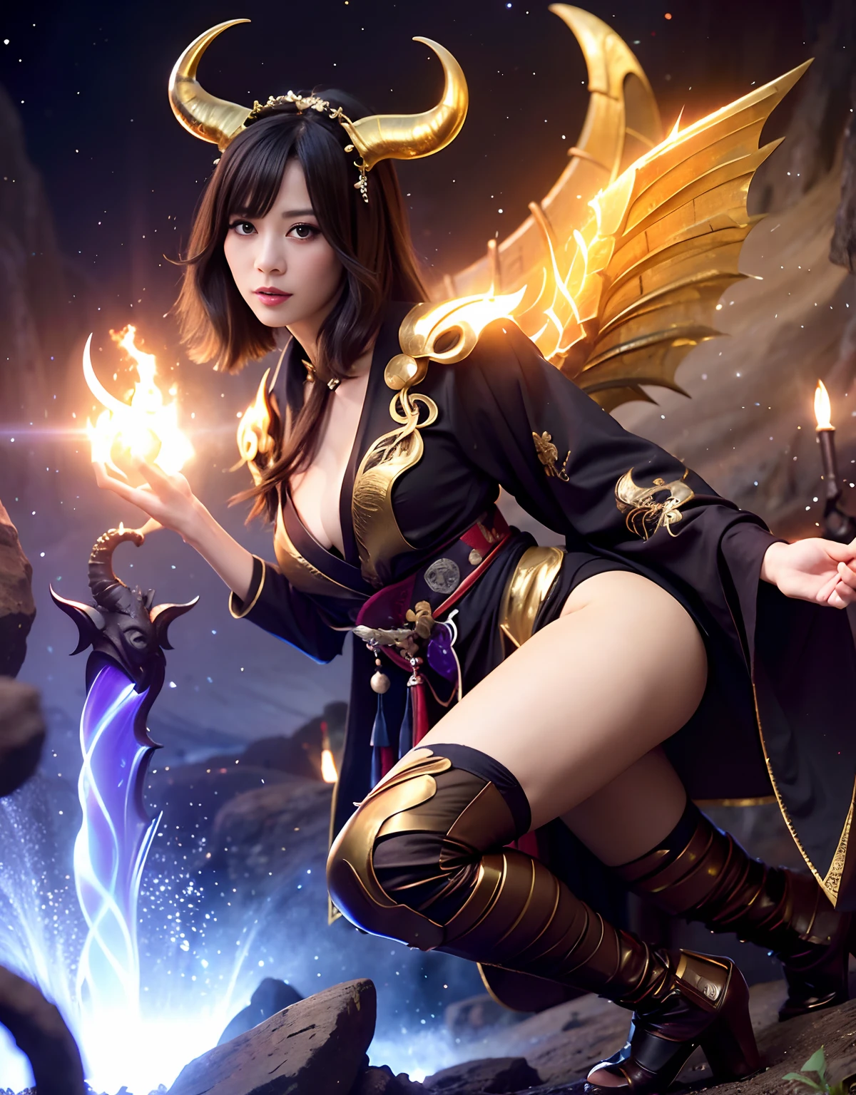 ((World of Darkness)),Professional , masterpiece、top-quality、photos realistic , depth of fields 、(sexypose)、(Black maple on the background of full bloom),(Ultimate Beauty)、A dark-haired、(shrine background)、(Kimono with beautiful pattern)、(Night background)、Beautiful hair ornament on the head、((Precipitous cliffs)),(Wear a beautiful kimono),(Wear a beautiful kimono with colorful floral patterns)、Jewel Gold Weapon、Particles of light),(Wearing a wizard's hat)、Gorgeous gold weapons ,Castle background、(( Gorgeous Dragon Sword)) , (a dark night),,(maikurobikini) 、((Black Haired Beautiful Girl))、(Castle background)、(demonic wings)、((Gangle's forest background))、Beautiful Caucasian beauty、1a person、dynamic ungle,(((Two devil's horns on the head)))、Smaller head、Idle Smile、Thin and beautiful female hands、Mystical expression、Light Effects、intense fighting、Wind-effect、magic circles、With the legendary magic wand、Dragon's tail、Full Body Angle、