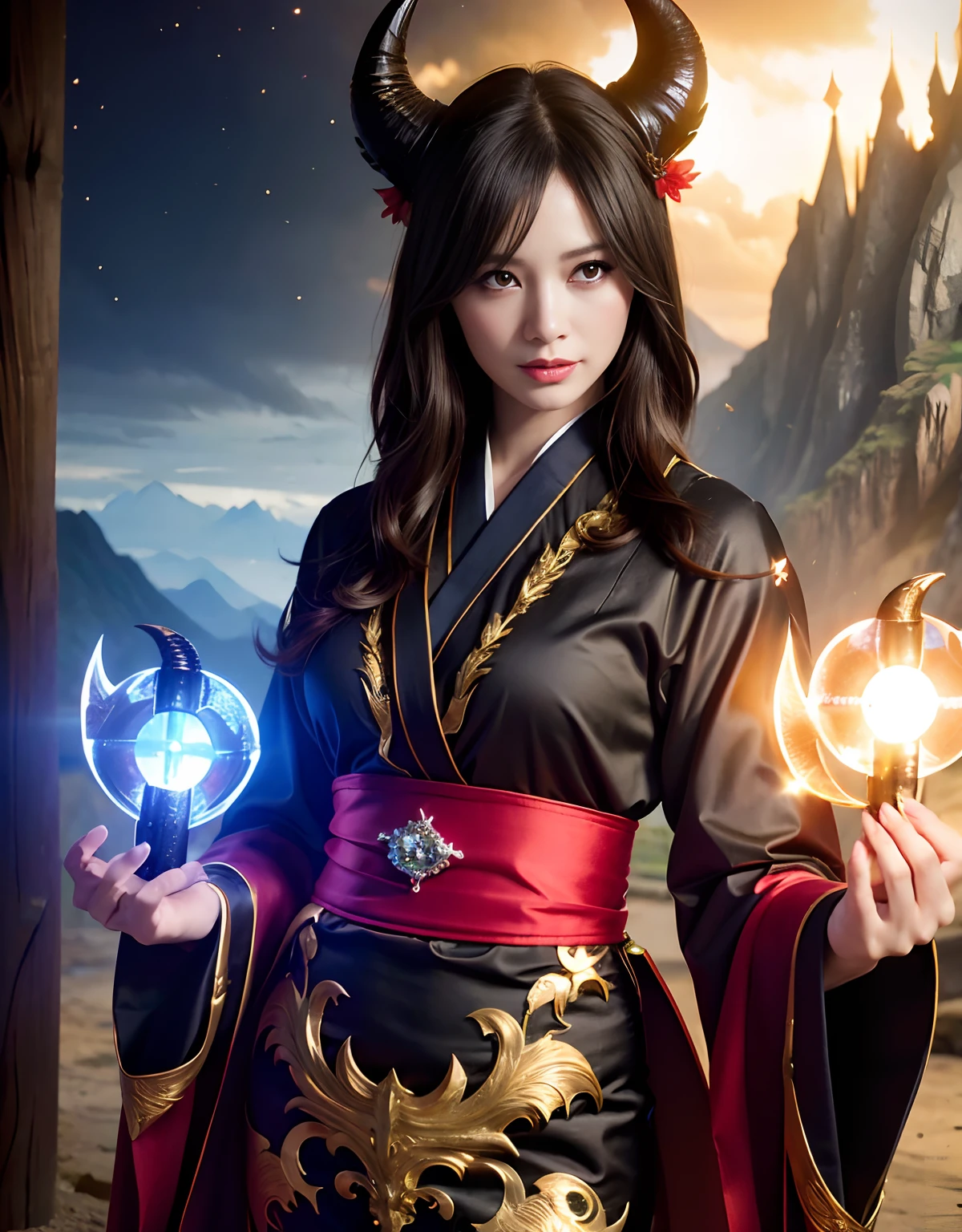 ((World of Darkness)),Professional , masterpiece、top-quality、photos realistic , depth of fields 、(sexypose)、(Black maple on the background of full bloom),(Ultimate Beauty)、A dark-haired、(shrine background)、(Kimono with beautiful pattern)、(Night background)、Beautiful hair ornament on the head、((Precipitous cliffs)),(Wear a beautiful kimono),(Wear a beautiful kimono with colorful floral patterns)、Jewel Gold Weapon、Particles of light),(Wearing a wizard's hat)、Gorgeous gold weapons ,Castle background、(( Gorgeous Dragon Sword)) , (a dark night),,(maikurobikini) 、((Black Haired Beautiful Girl))、(Castle background)、(demonic wings)、((Gangle's forest background))、Beautiful Caucasian beauty、1a person、dynamic ungle,(((Two devil's horns on the head)))、Smaller head、Idle Smile、Thin and beautiful female hands、Mystical expression、Light Effects、intense fighting、Wind-effect、magic circles、With the legendary magic wand、Dragon's tail、Full Body Angle、