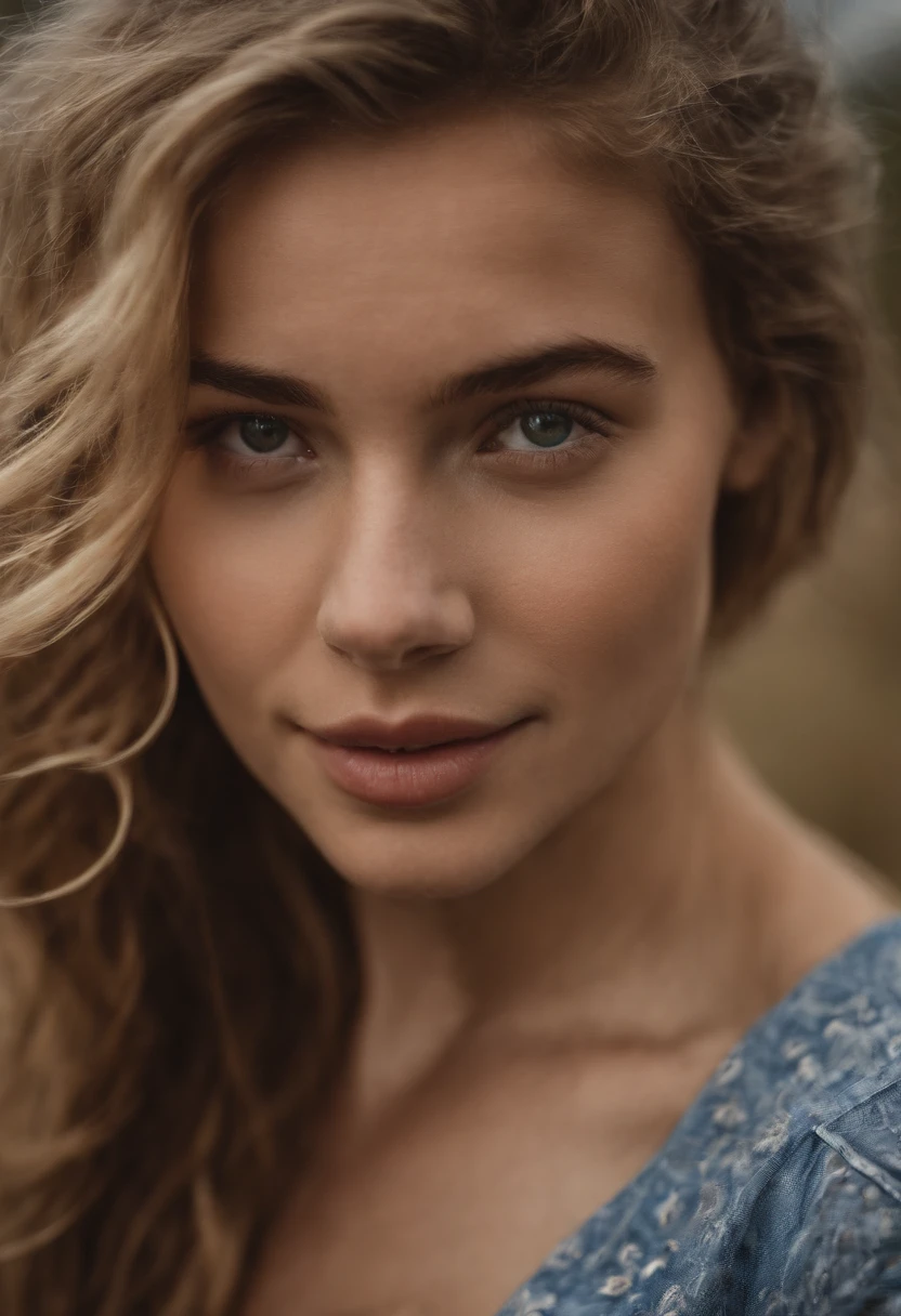 adolescente de 20 ans, grosse poitrine, yeux bleu, cheveux blond, sourire dent blanches,