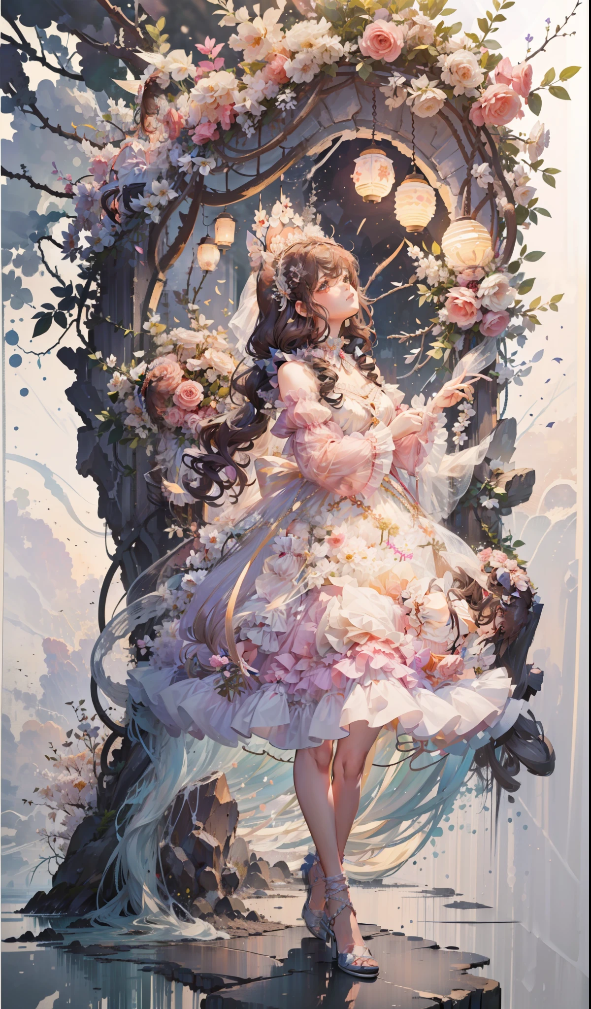 (Extremely delicate and beautiful:1.5),1girll, standing on your feet，full bodyesbian，By bangs, Gemstone eyes, Contre-Jour，Long curly hair, ta dress, brown  hair, Keep one's mouth shut, seen from the side, Lanterns, light particules, longer sleeves, looking at viewert，pink bows，独奏